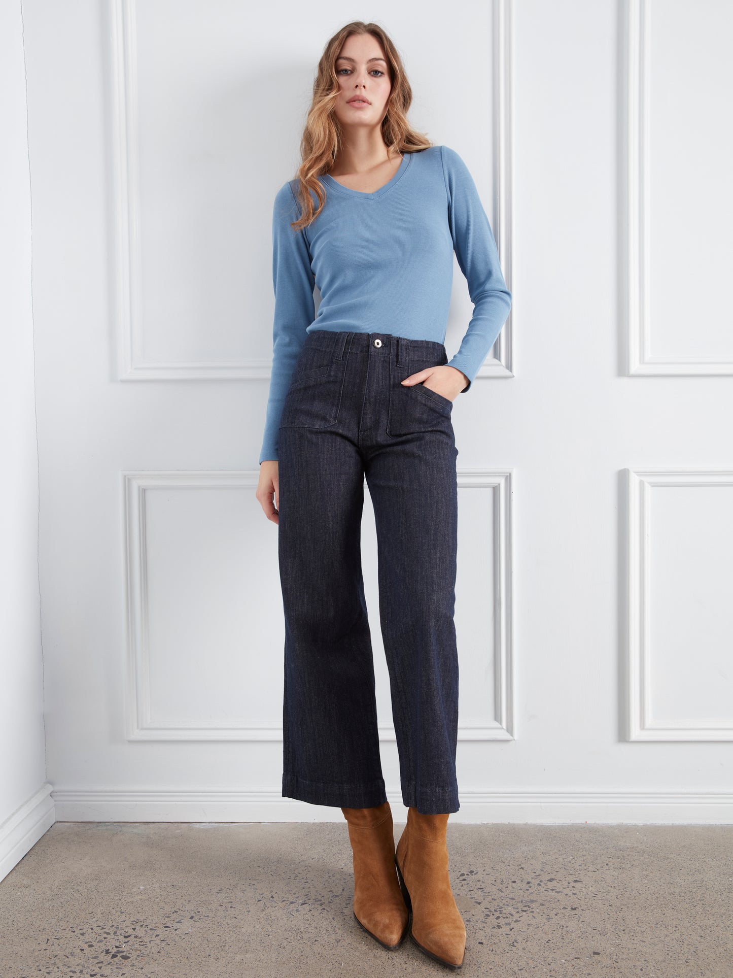 Charlie B Cropped Wide Leg Stretch Denim Pants w/ Patch Pockets Deep Blue C5660RR-437C-910