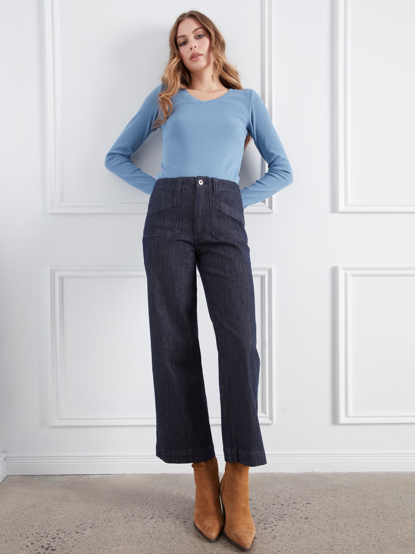 Charlie B Cropped Wide Leg Stretch Denim Pants w/ Patch Pockets Deep Blue C5660RR-437C-910