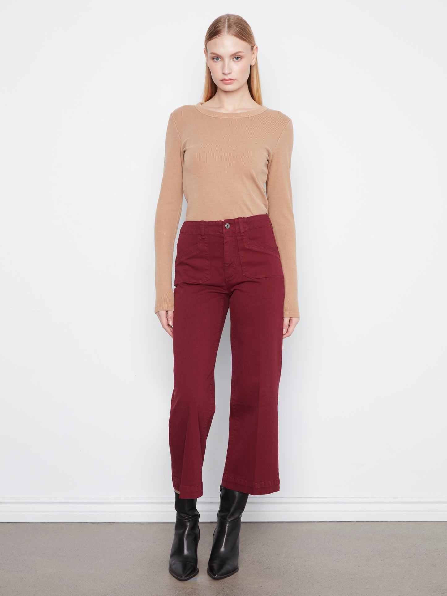 Charlie B Cropped Wide Leg Coloured Twill Pants w/Patch Pockets Merlot C5660RR-618A-320