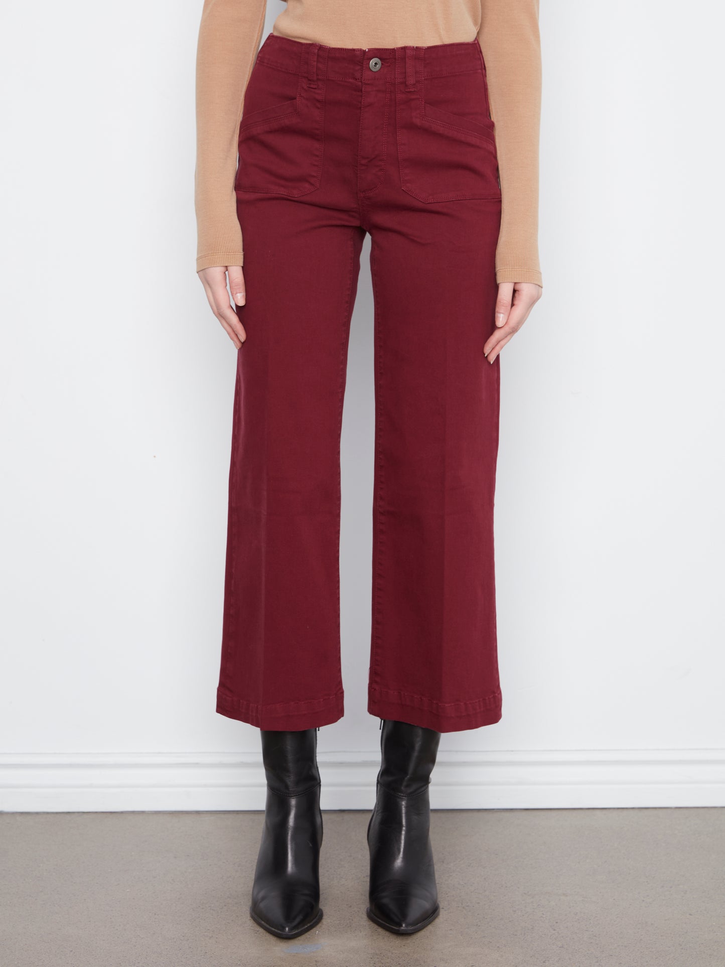 Charlie B Cropped Wide Leg Coloured Twill Pants w/Patch Pockets Merlot C5660RR-618A-320