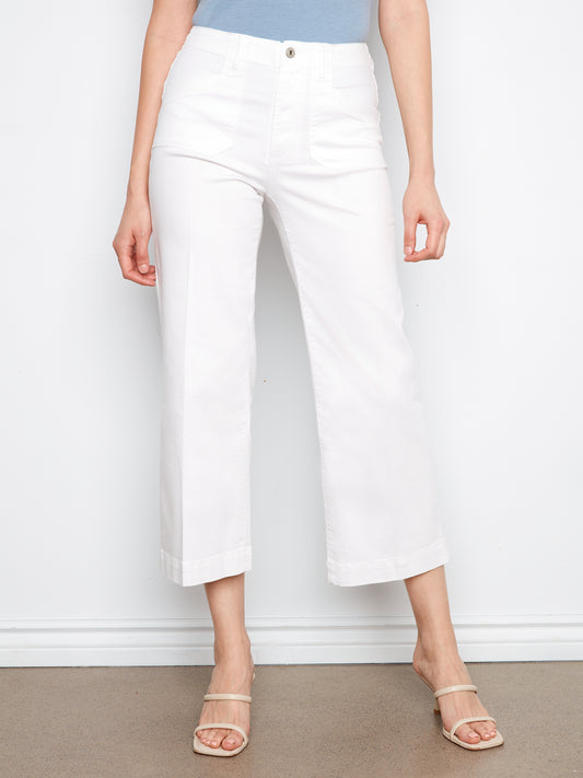 Charlie B Cropped Wide Leg Coloured Twill Pants w/Patch Pockets White C5660R-618A-002