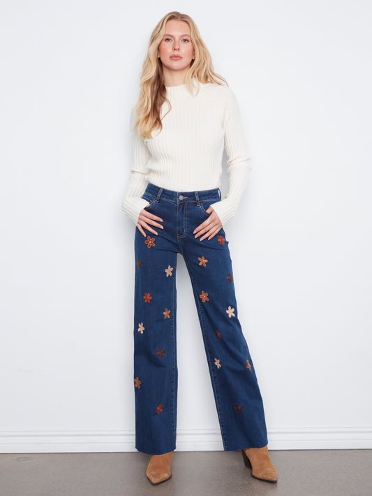 Charlie B Wide Leg Stretch Denim Pants w/Suede Flower Patches Indigo C5665R-431A-007