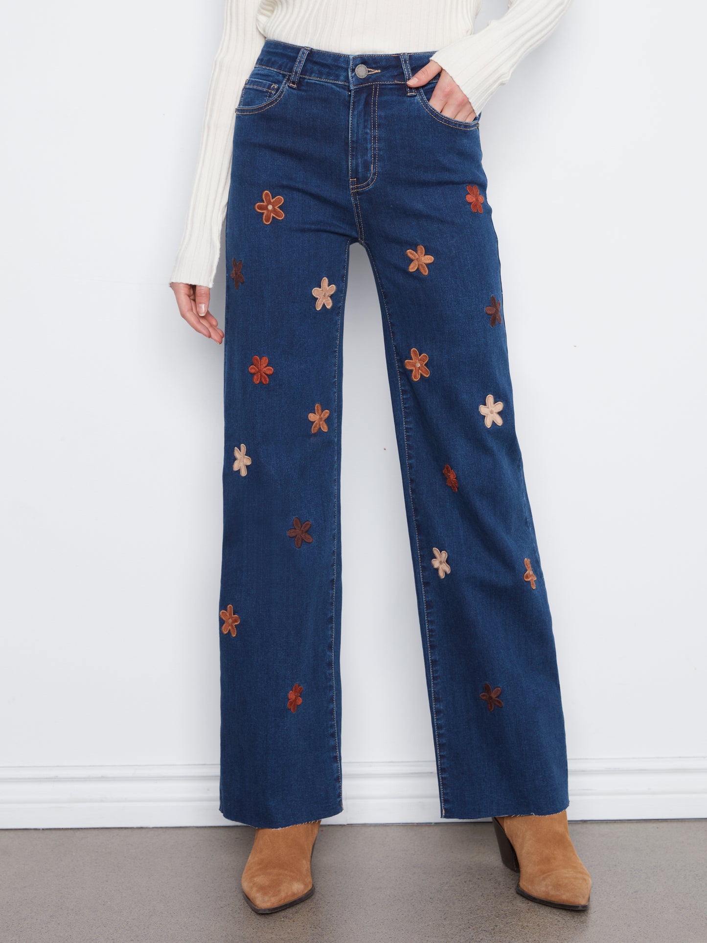 Charlie B Wide Leg Stretch Denim Pants w/Suede Flower Patches Indigo C5665R-431A-007