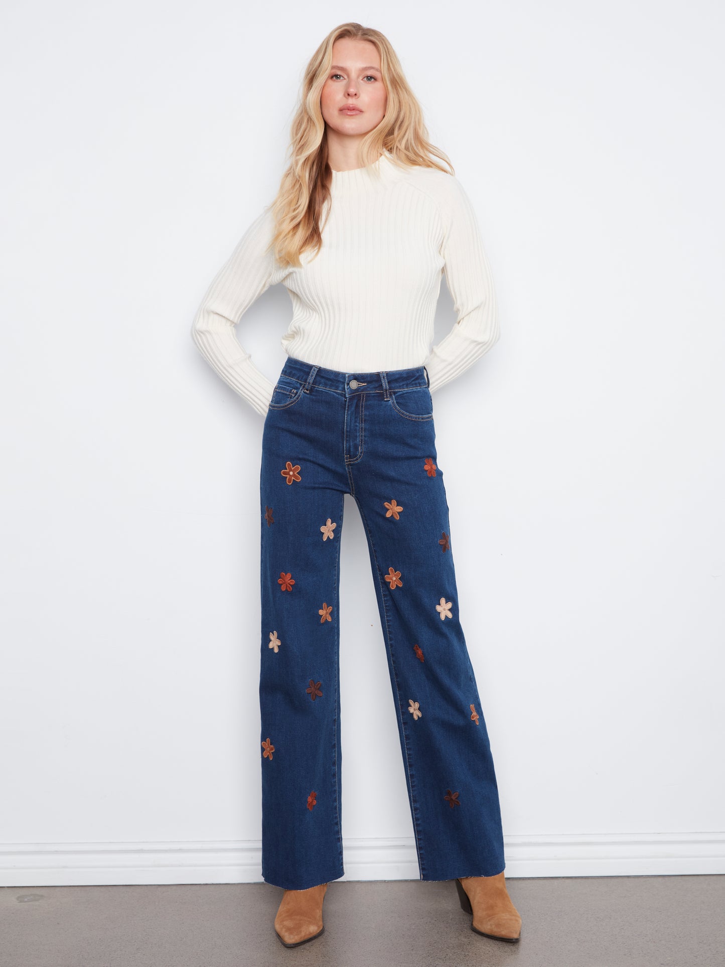 Charlie B Wide Leg Stretch Denim Pants w/Suede Flower Patches Indigo C5665R-431A-007