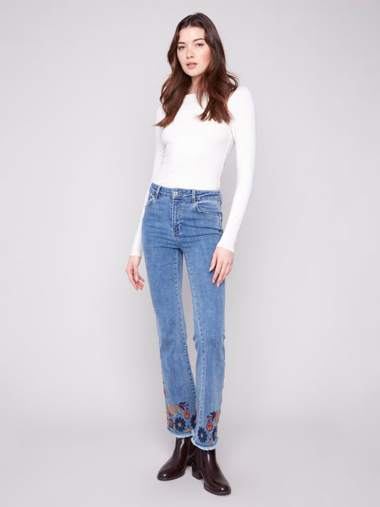 Charlie B Flare Leg Stretch Denim Pants w/Embroidery Medium Blue C5667-431A-156