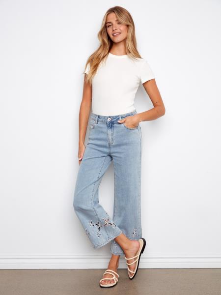 Charlie B Stretch Denim Flare Leg Pants w/Palm Tree Embroidery Lt. Blue C5737-431A-140