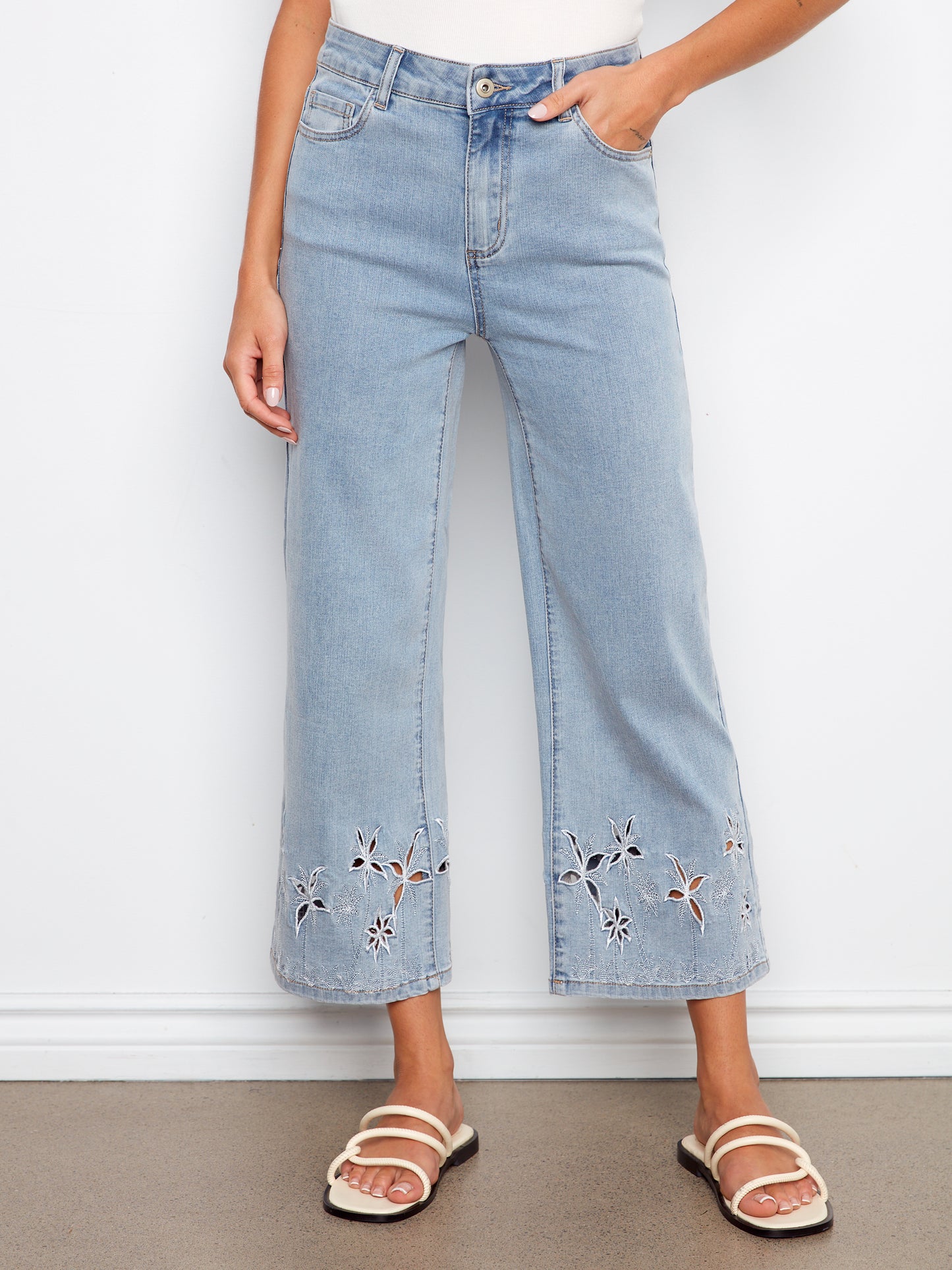 Charlie B Stretch Denim Flare Leg Pants w/Palm Tree Embroidery Lt. Blue C5737-431A-140