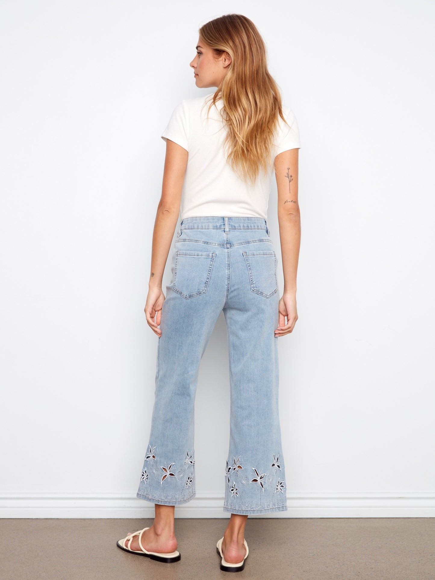 Charlie B Stretch Denim Flare Leg Pants w/Palm Tree Embroidery Lt. Blue C5737-431A-140