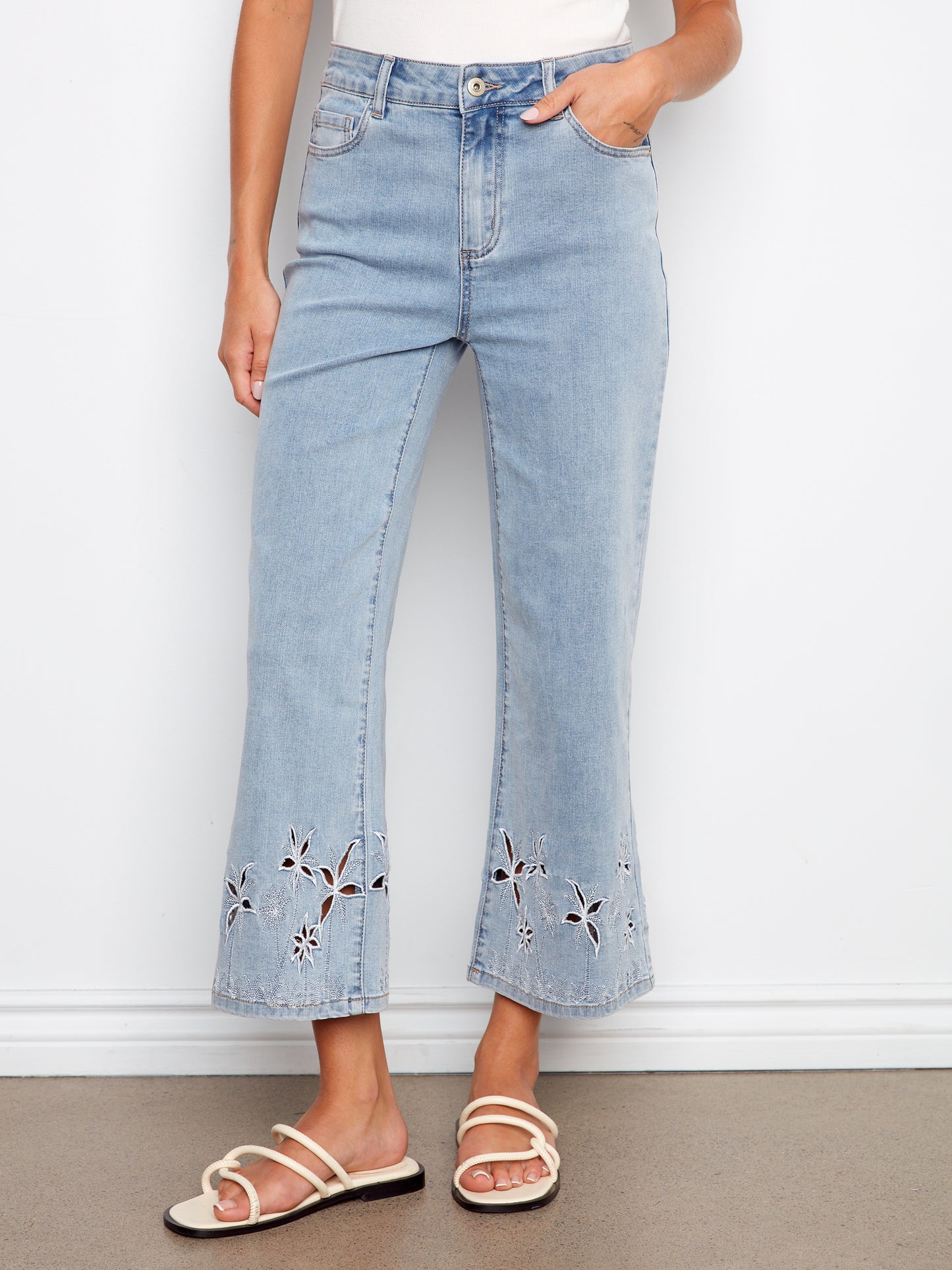 Charlie B Stretch Denim Flare Leg Pants w/Palm Tree Embroidery Lt. Blue C5737-431A-140