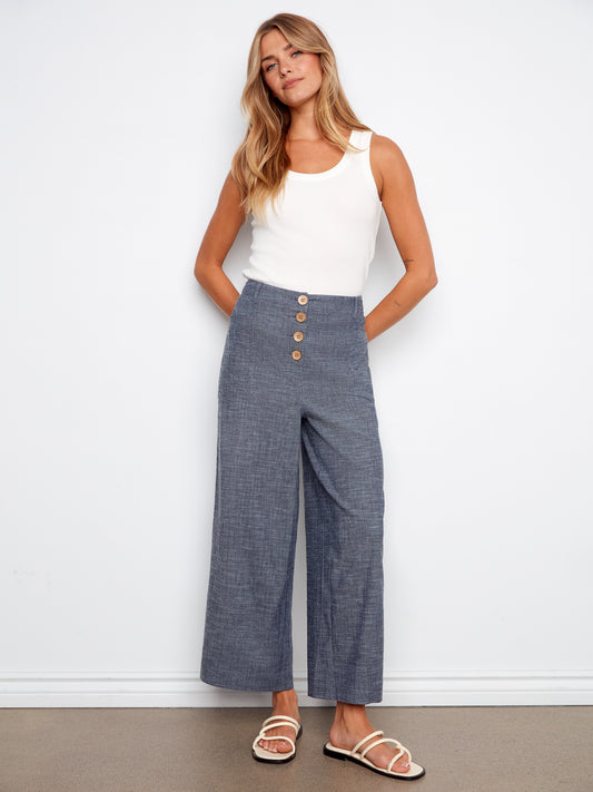 Charlie B Stretch Linen Wide Leg Button Front Pants Indigo C5751-555C-007