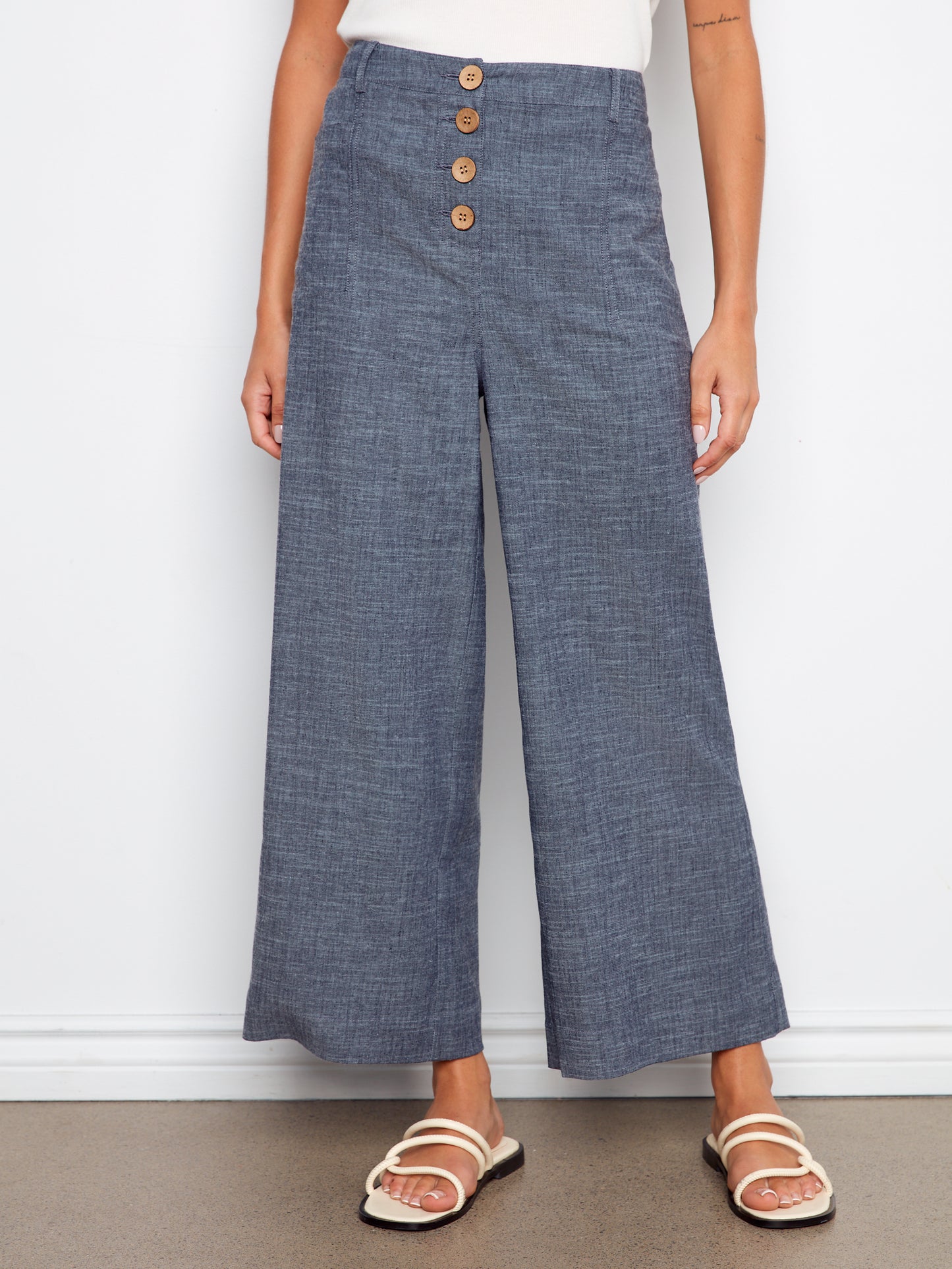 Charlie B Stretch Linen Wide Leg Button Front Pants Indigo C5751-555C-007