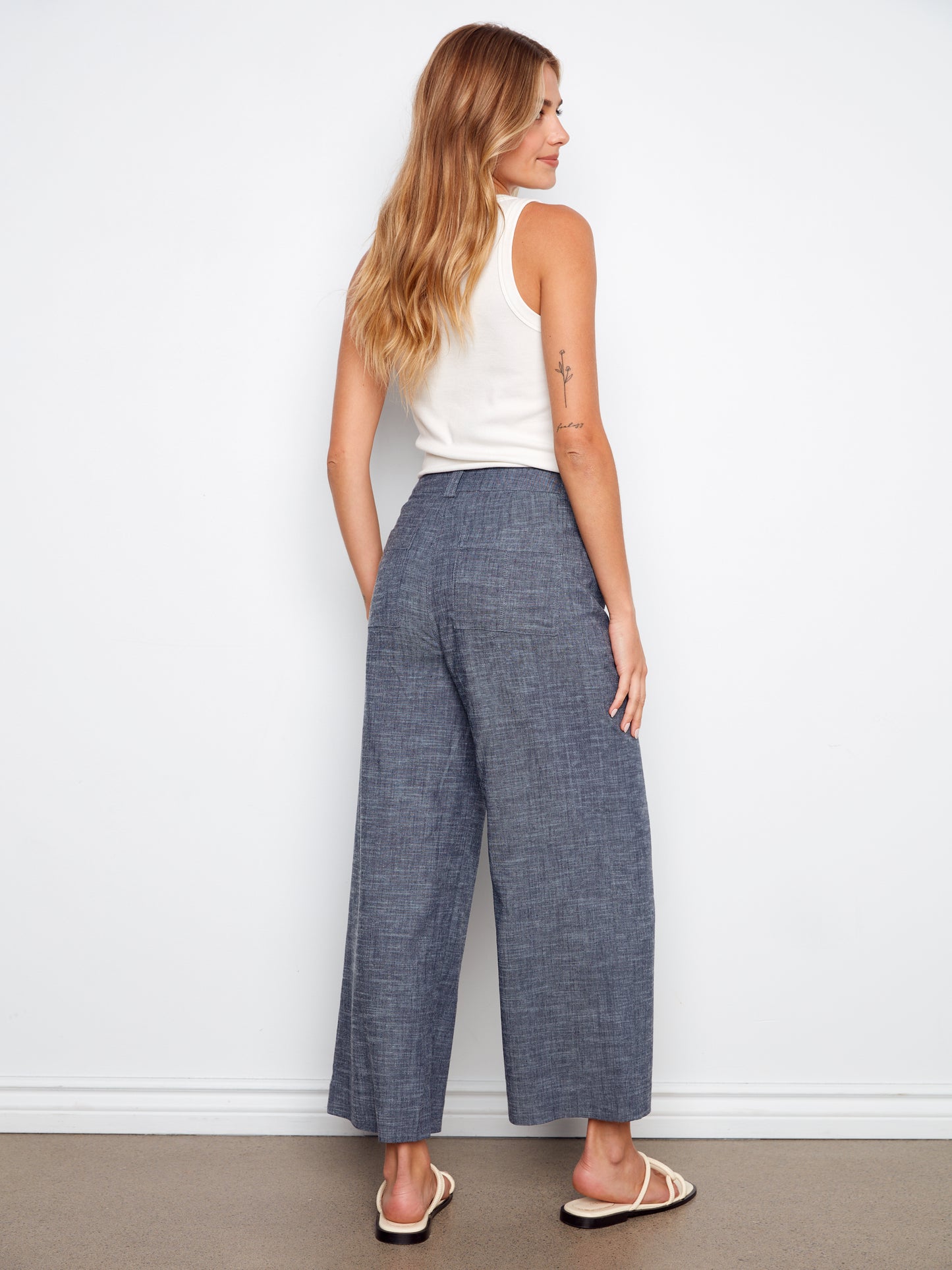 Charlie B Stretch Linen Wide Leg Button Front Pants Indigo C5751-555C-007
