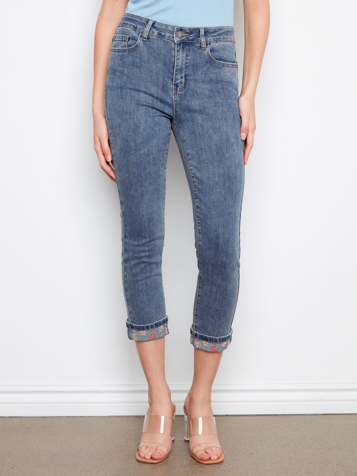 Charlie B Stretch Denim Slim Leg Pants w/Embroidered Cuff Medium Blue C5770E-431A-156