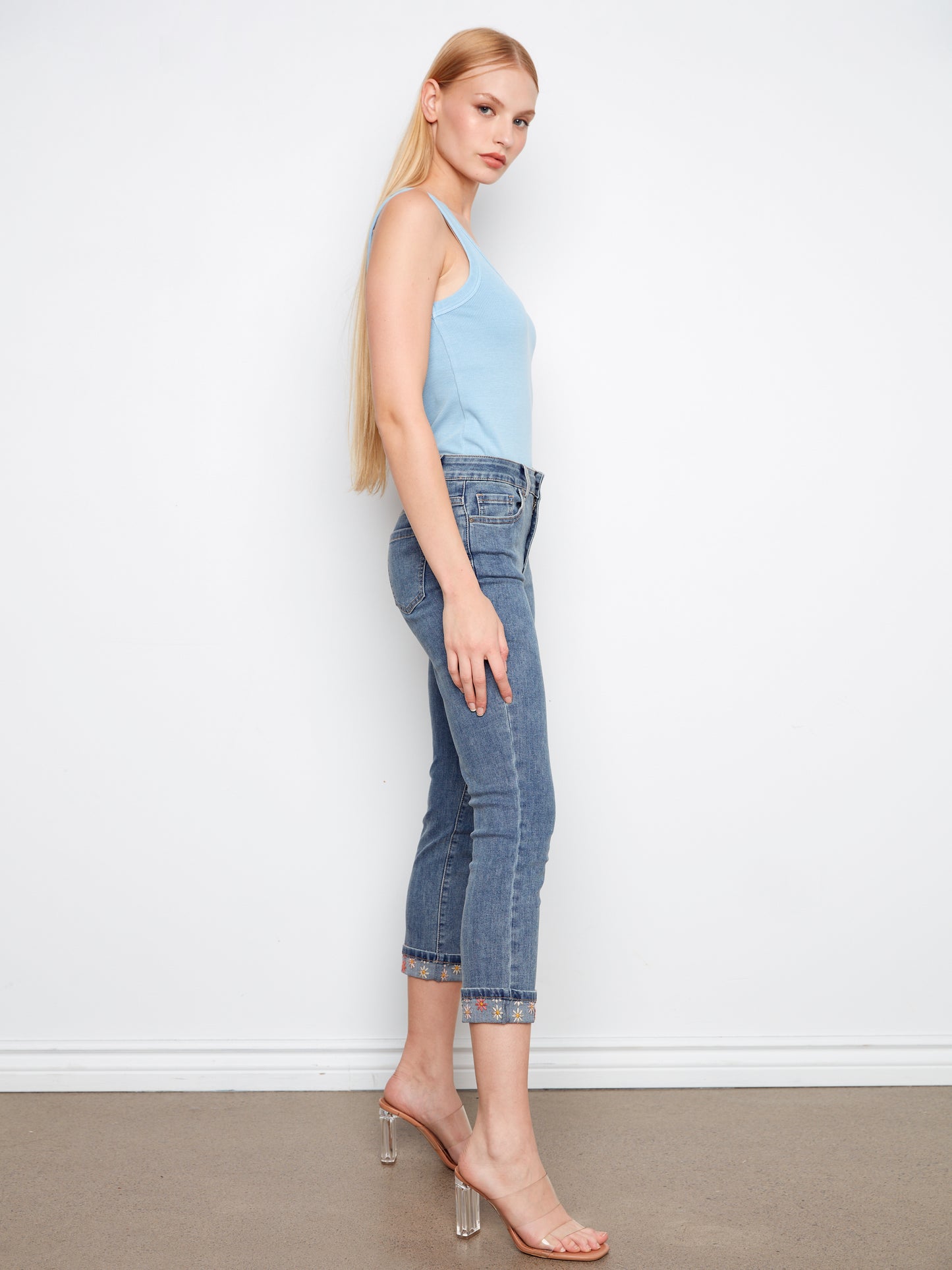 Charlie B Stretch Denim Slim Leg Pants w/Embroidered Cuff Medium Blue C5770E-431A-156