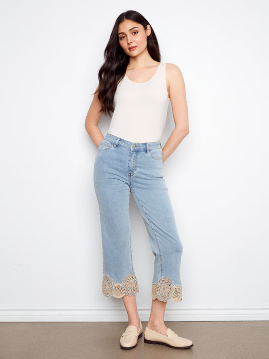 Charlie B Stretch Denim Flare Leg Pants w/Laser Cut Lace at Hem Lt.Blue C5773-431A-140