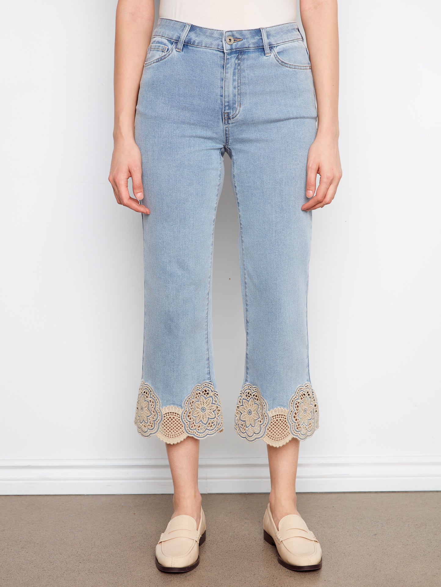 Charlie B Stretch Denim Flare Leg Pants w/Laser Cut Lace at Hem Lt.Blue C5773-431A-140