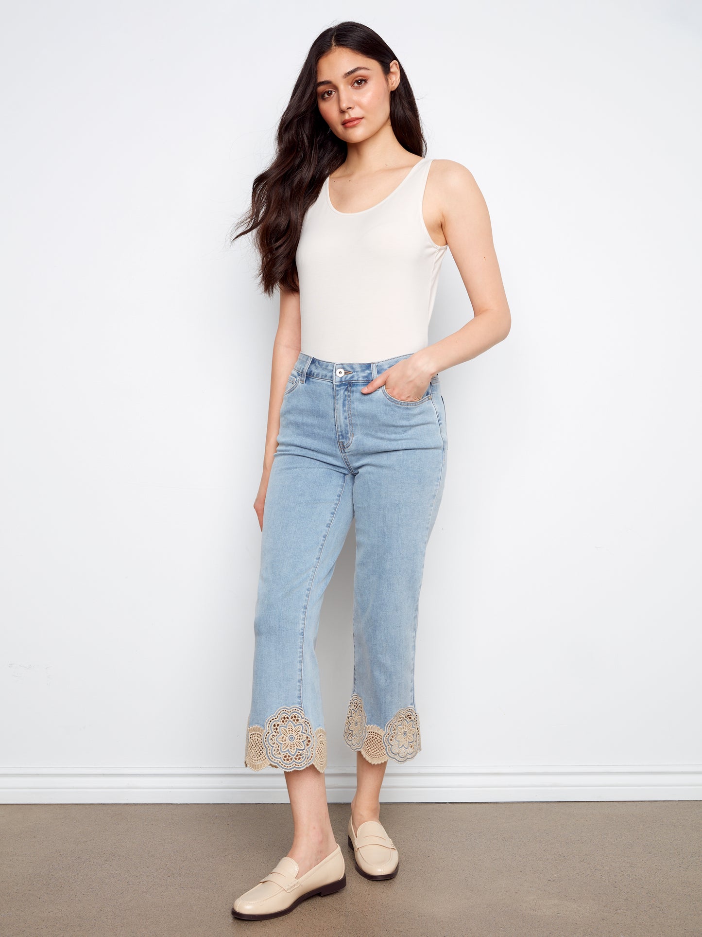 Charlie B Stretch Denim Flare Leg Pants w/Laser Cut Lace at Hem Lt.Blue C5773-431A-140