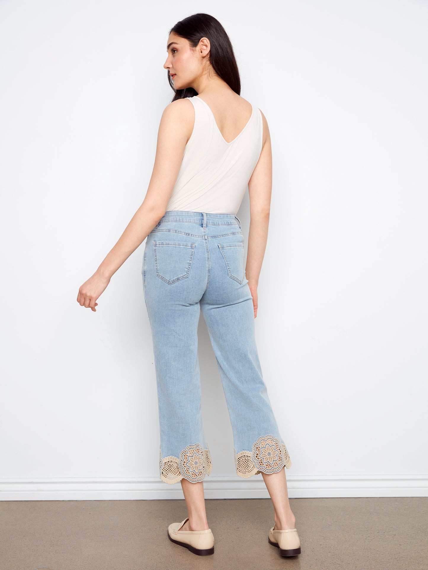Charlie B Stretch Denim Flare Leg Pants w/Laser Cut Lace at Hem Lt.Blue C5773-431A-140