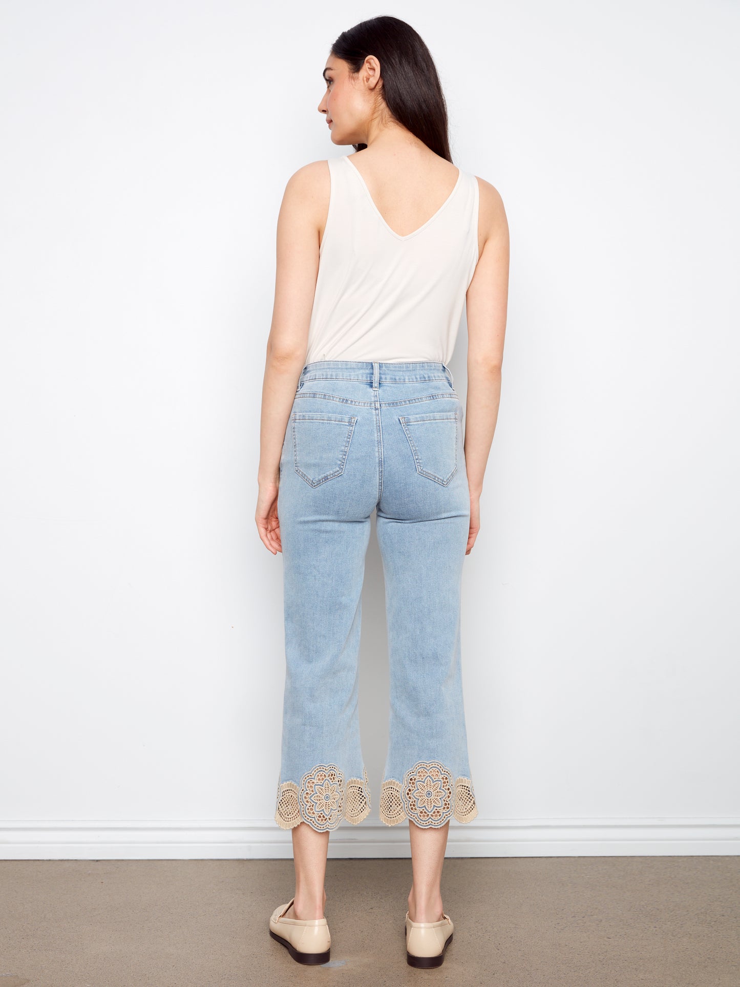 Charlie B Stretch Denim Flare Leg Pants w/Laser Cut Lace at Hem Lt.Blue C5773-431A-140