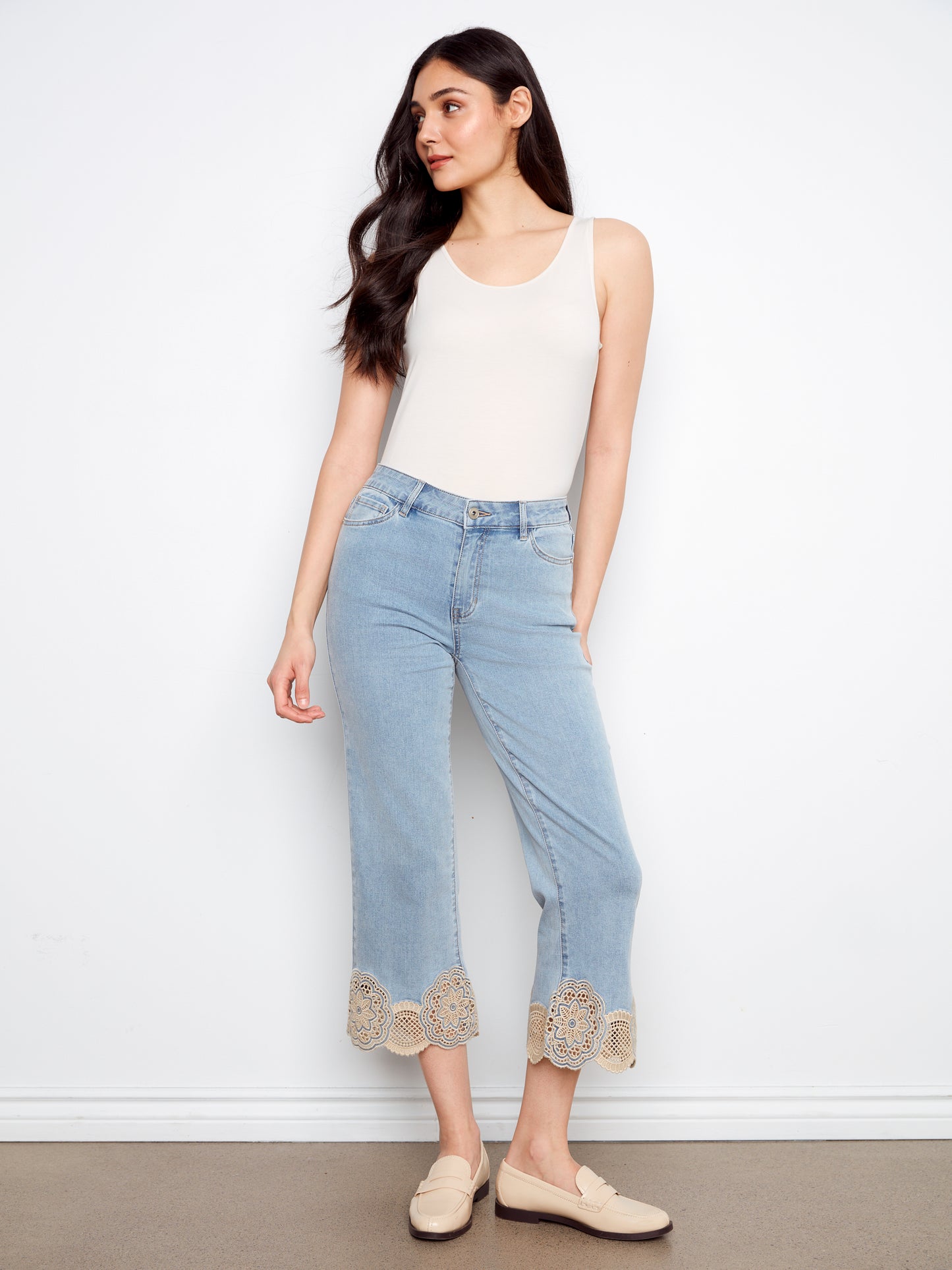 Charlie B Stretch Denim Flare Leg Pants w/Laser Cut Lace at Hem Lt.Blue C5773-431A-140