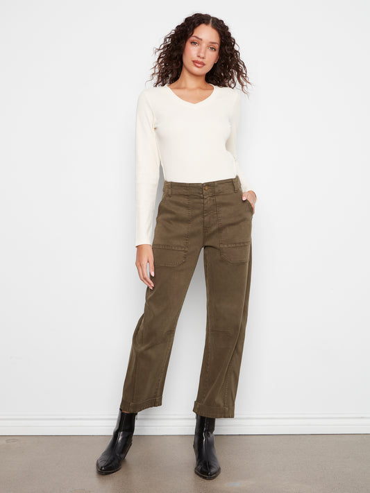 Charlie B Smooth Twill Barrel Leg Pants w/Patch Pockets Olive C5812-655C-335