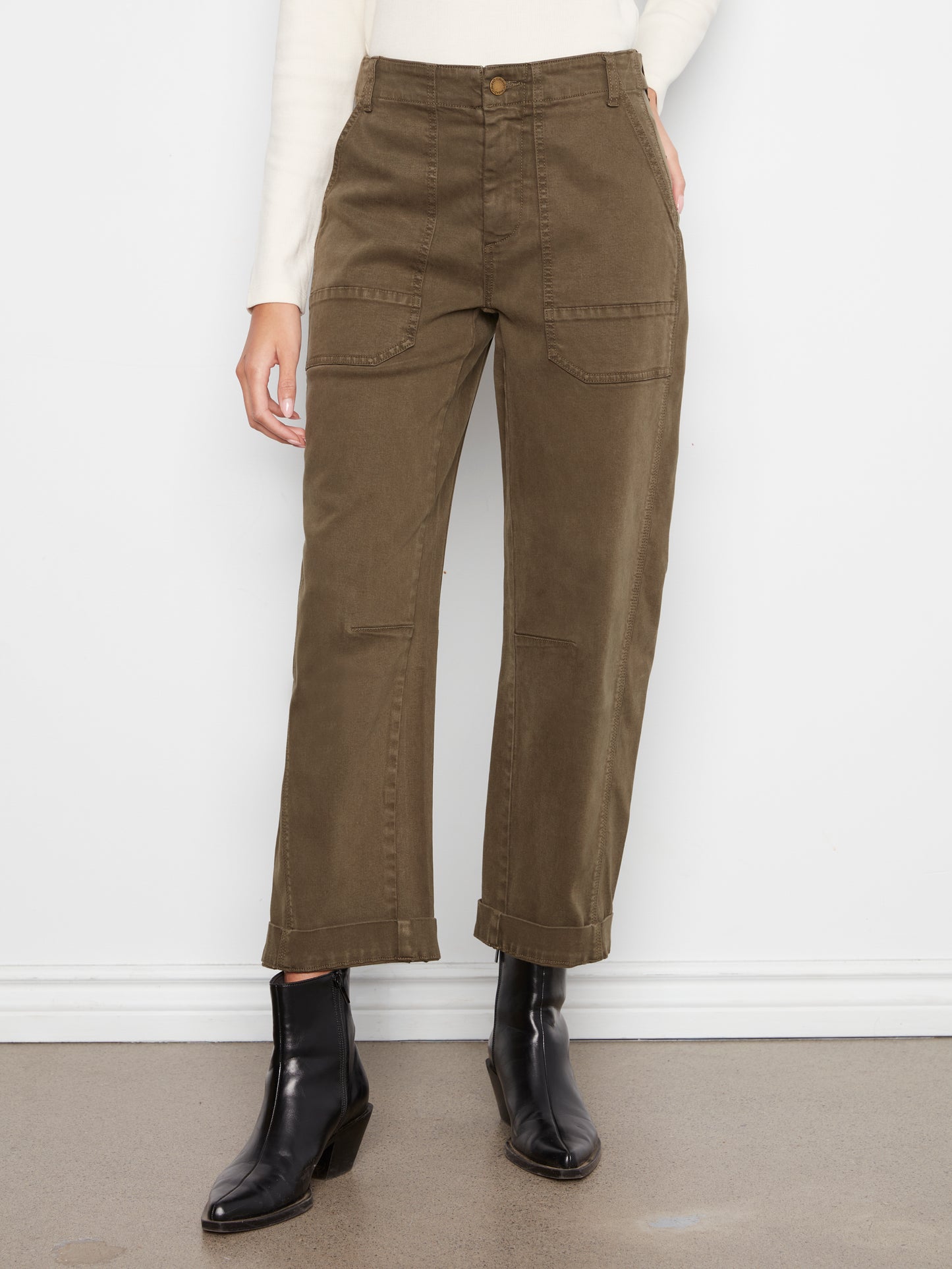 Charlie B Smooth Twill Barrel Leg Pants w/Patch Pockets Olive C5812-655C-335