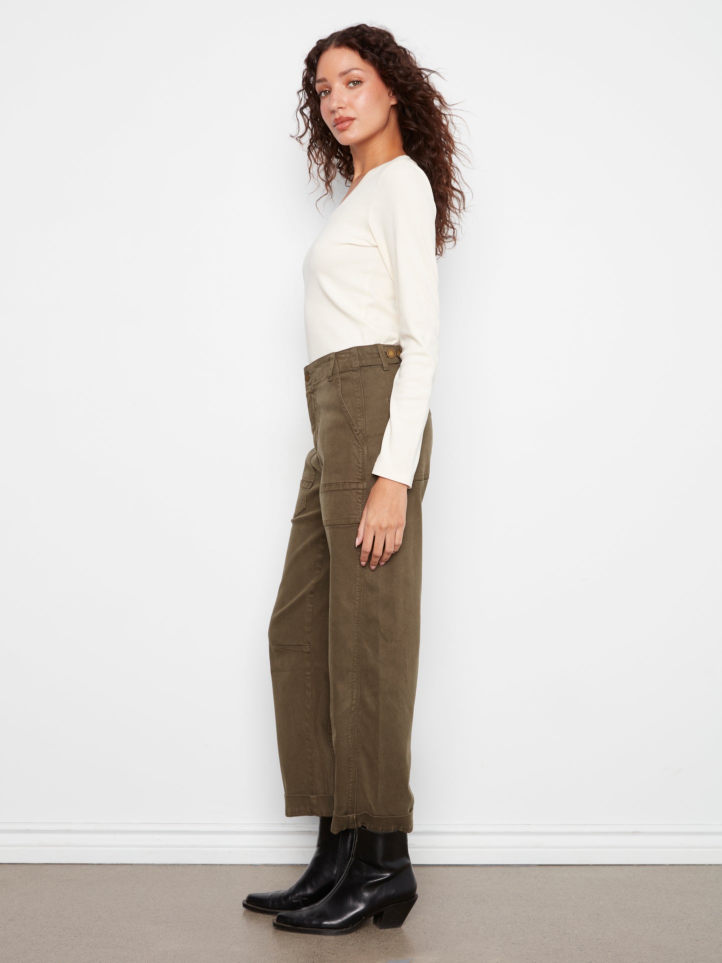 Charlie B Smooth Twill Barrel Leg Pants w/Patch Pockets Olive C5812-655C-335