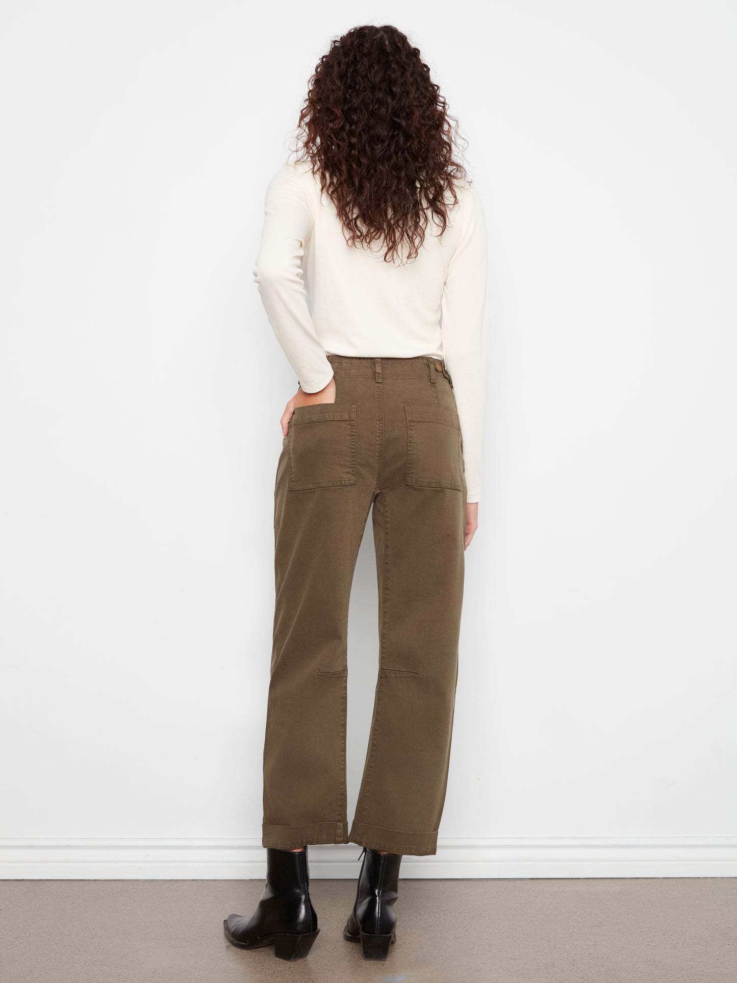 Charlie B Smooth Twill Barrel Leg Pants w/Patch Pockets Olive C5812-655C-335