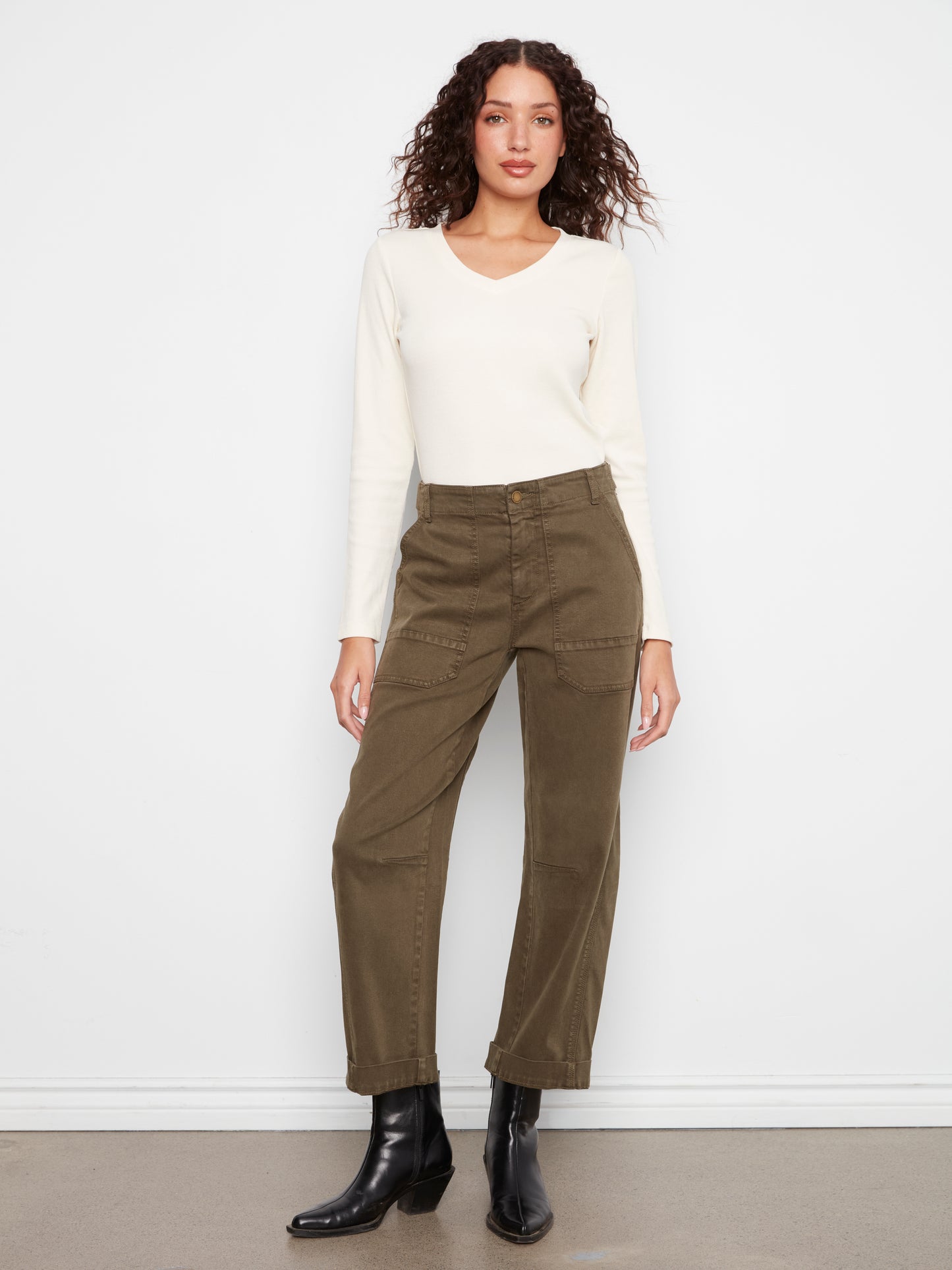 Charlie B Smooth Twill Barrel Leg Pants w/Patch Pockets Olive C5812-655C-335