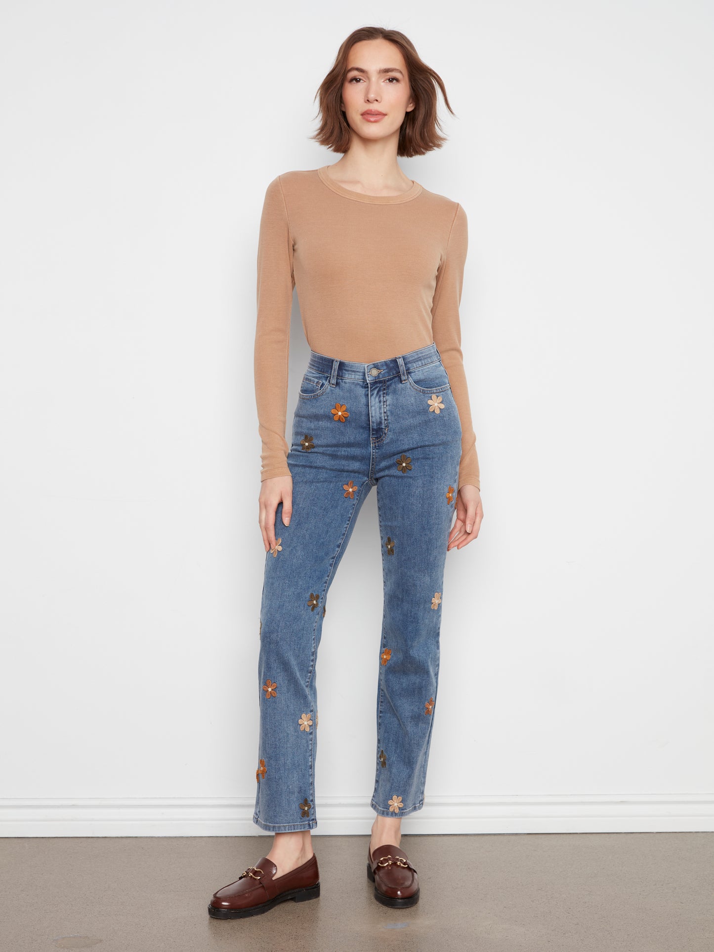 Charlie B Straight Leg Floral Embroidered Pants w/Elastic Inside Waist Medium Blue C5821-431A-146