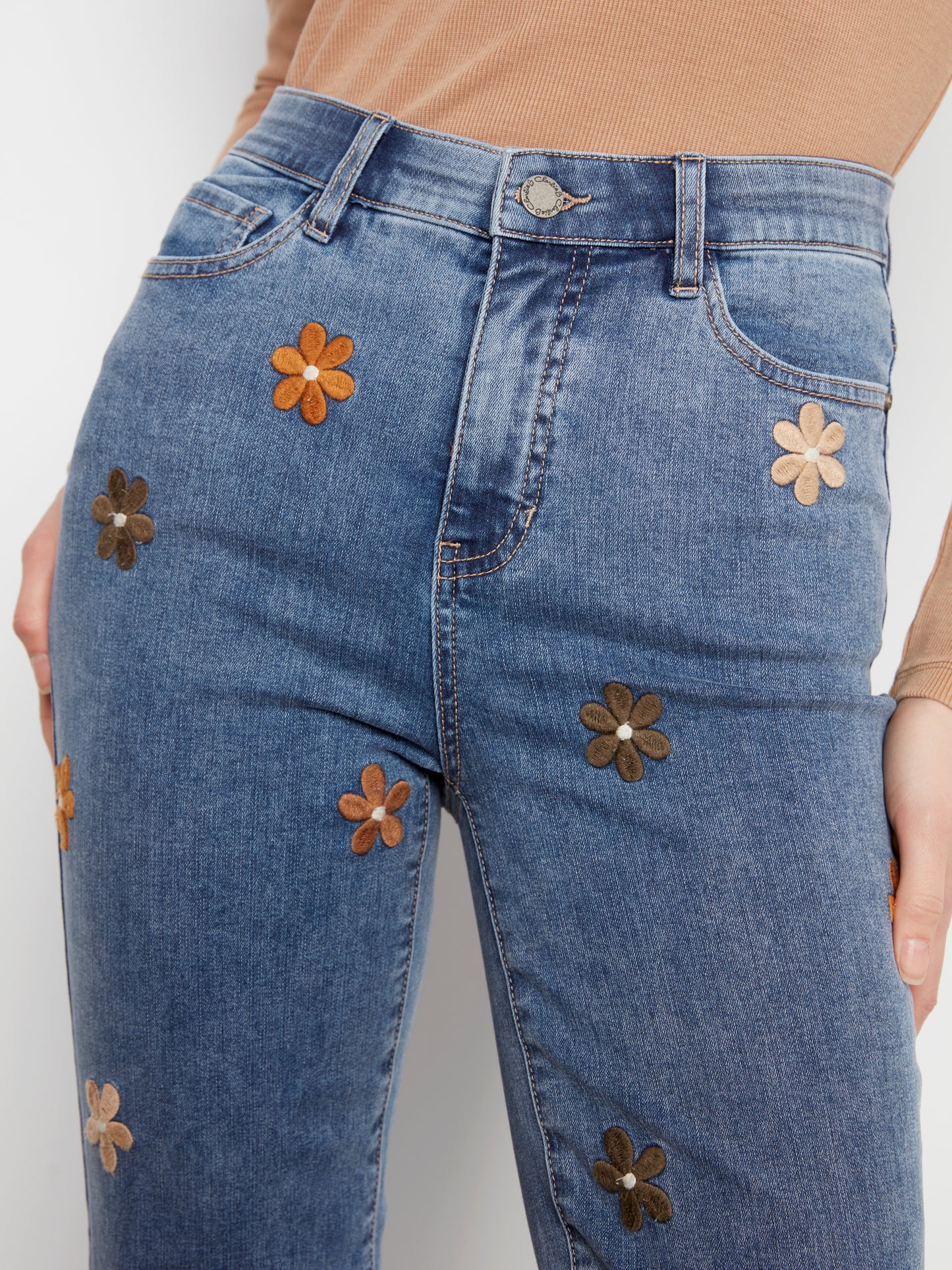 Charlie B Straight Leg Floral Embroidered Pants w/Elastic Inside Waist Medium Blue C5821-431A-146