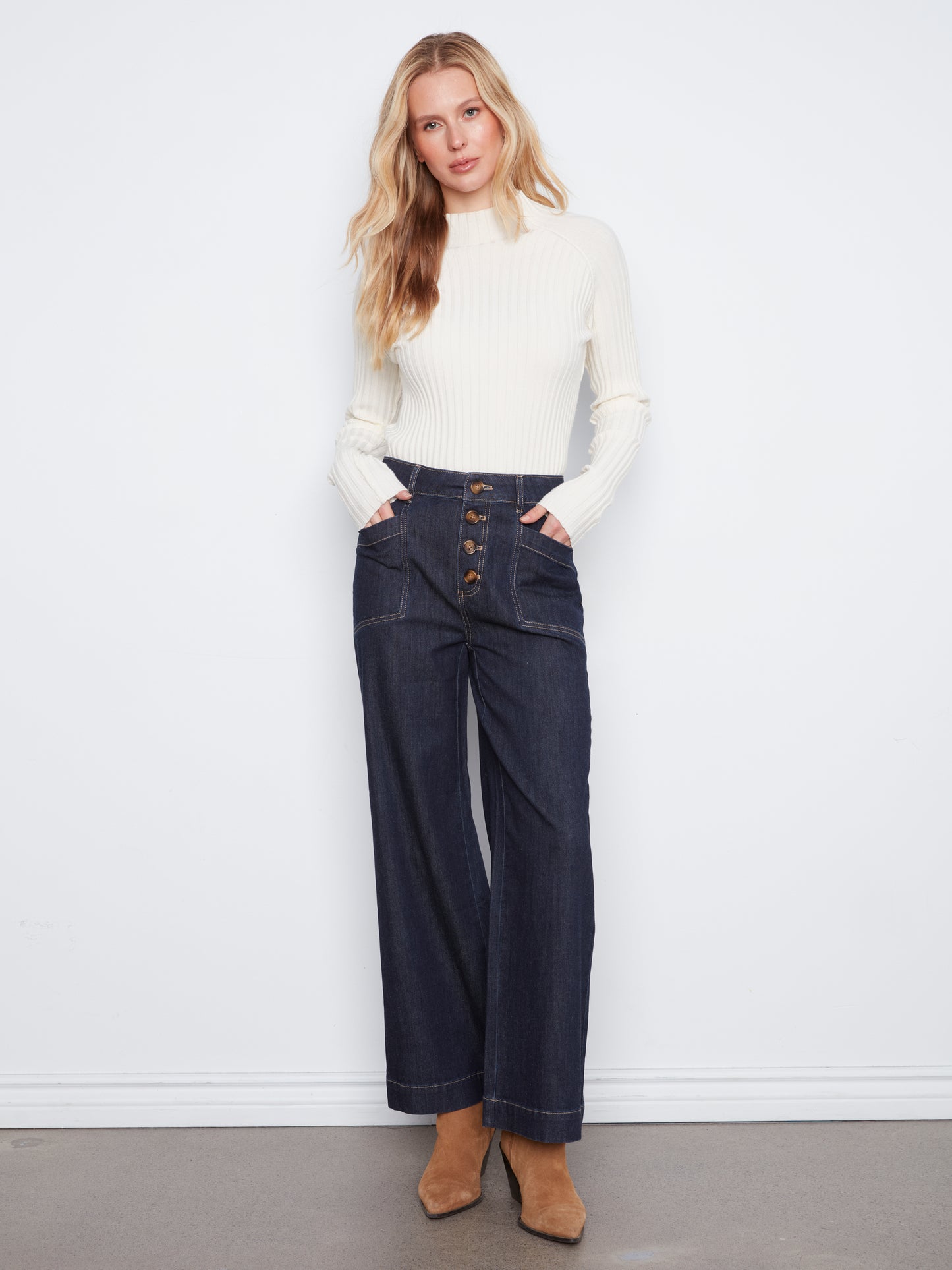 Charlie B Wide Leg Button Front Stretch Denim Pants w/Patch Pockets Midnight C5835-300C-081
