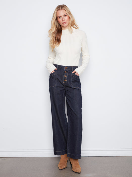 Charlie B Wide Leg Button Front Stretch Denim Pants w/Patch Pockets Midnight C5835-300C-081