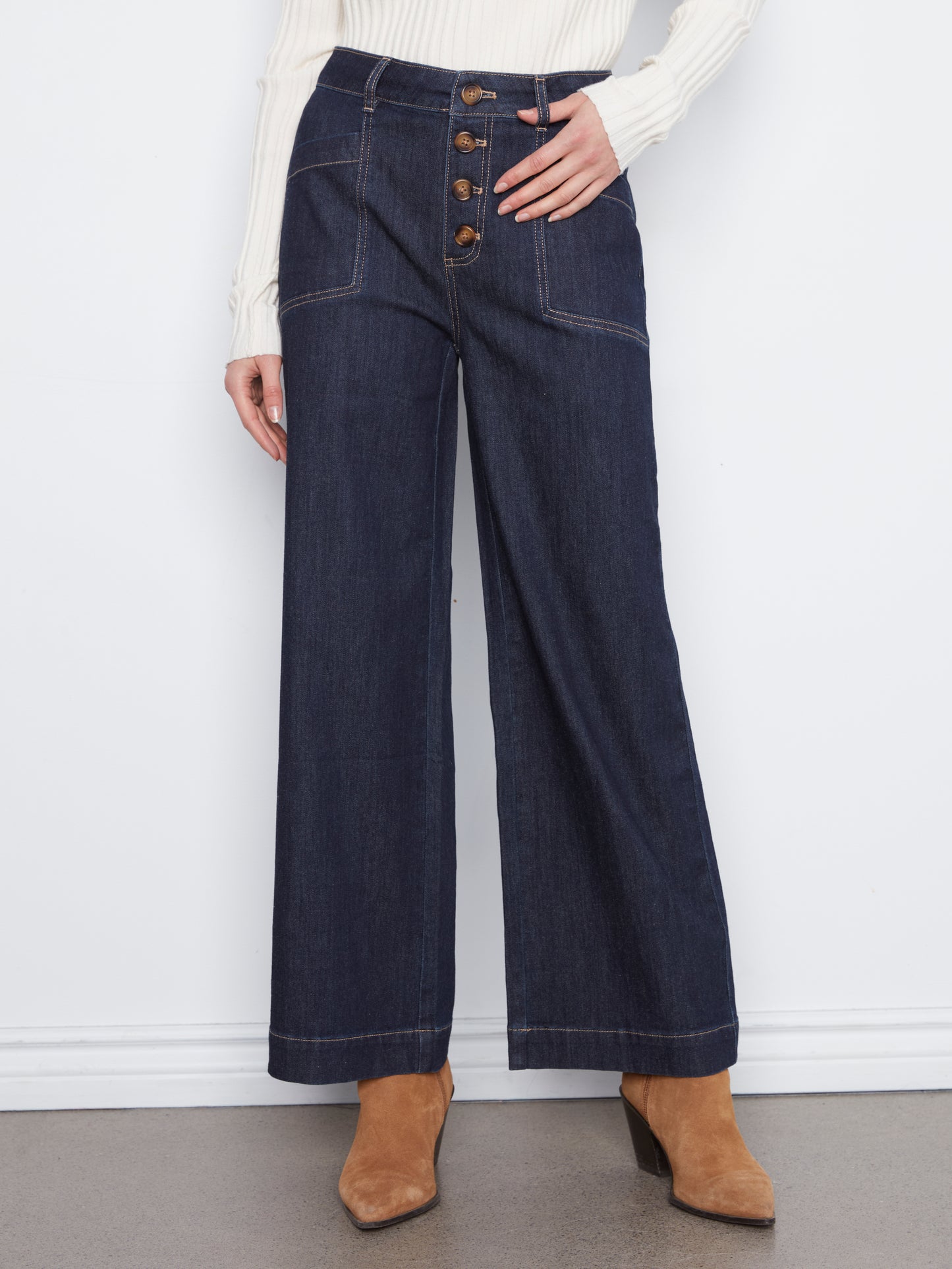 Charlie B Wide Leg Button Front Stretch Denim Pants w/Patch Pockets Midnight C5835-300C-081