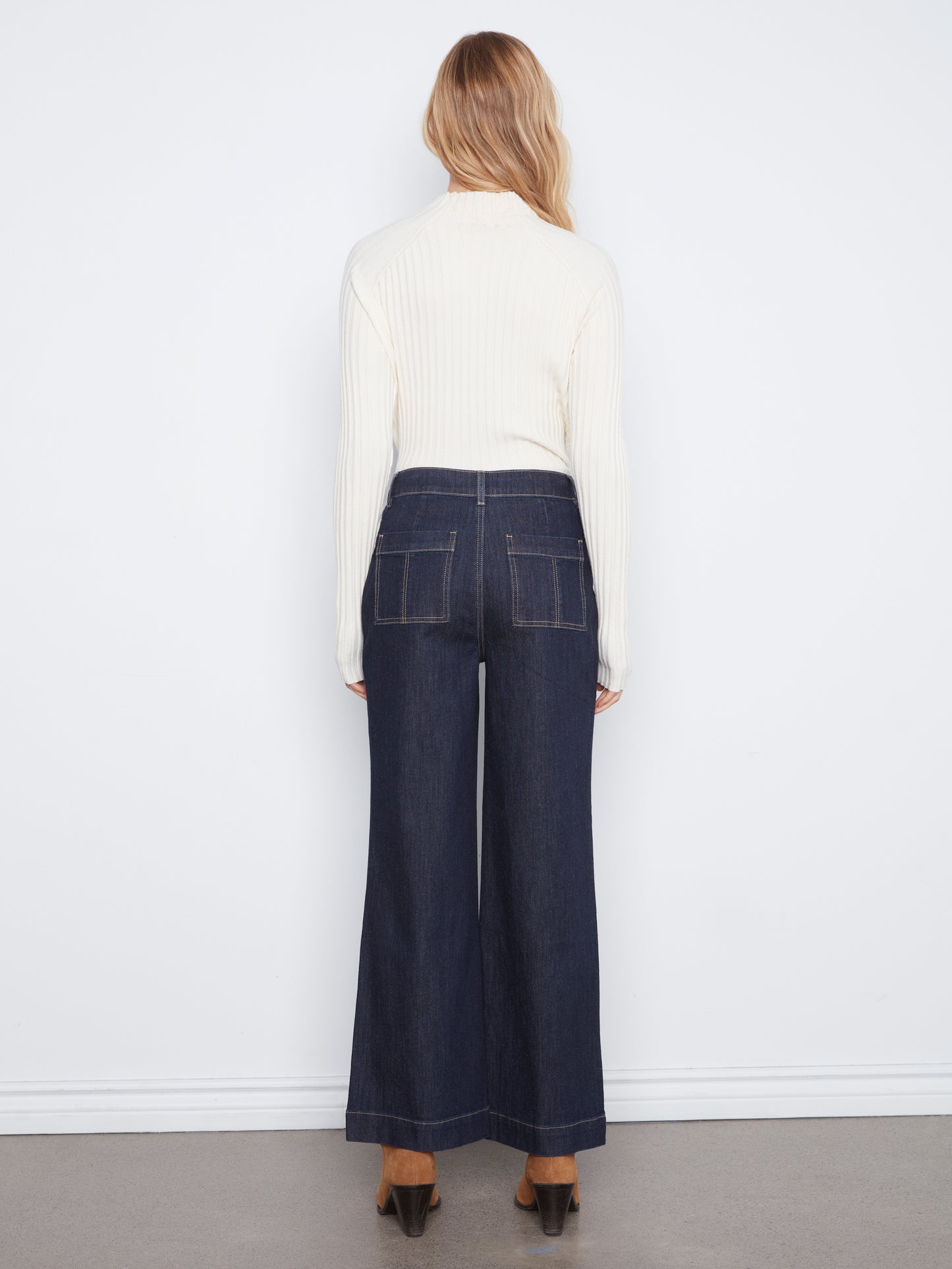 Charlie B Wide Leg Button Front Stretch Denim Pants w/Patch Pockets Midnight C5835-300C-081