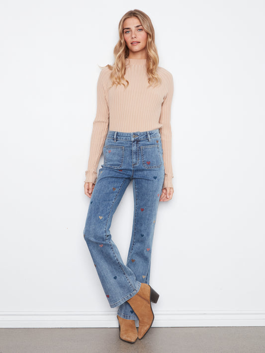 Charlie B Flare Leg Pants w/Patch Pockets and Embroidery Medium Blue C5845-431A-156