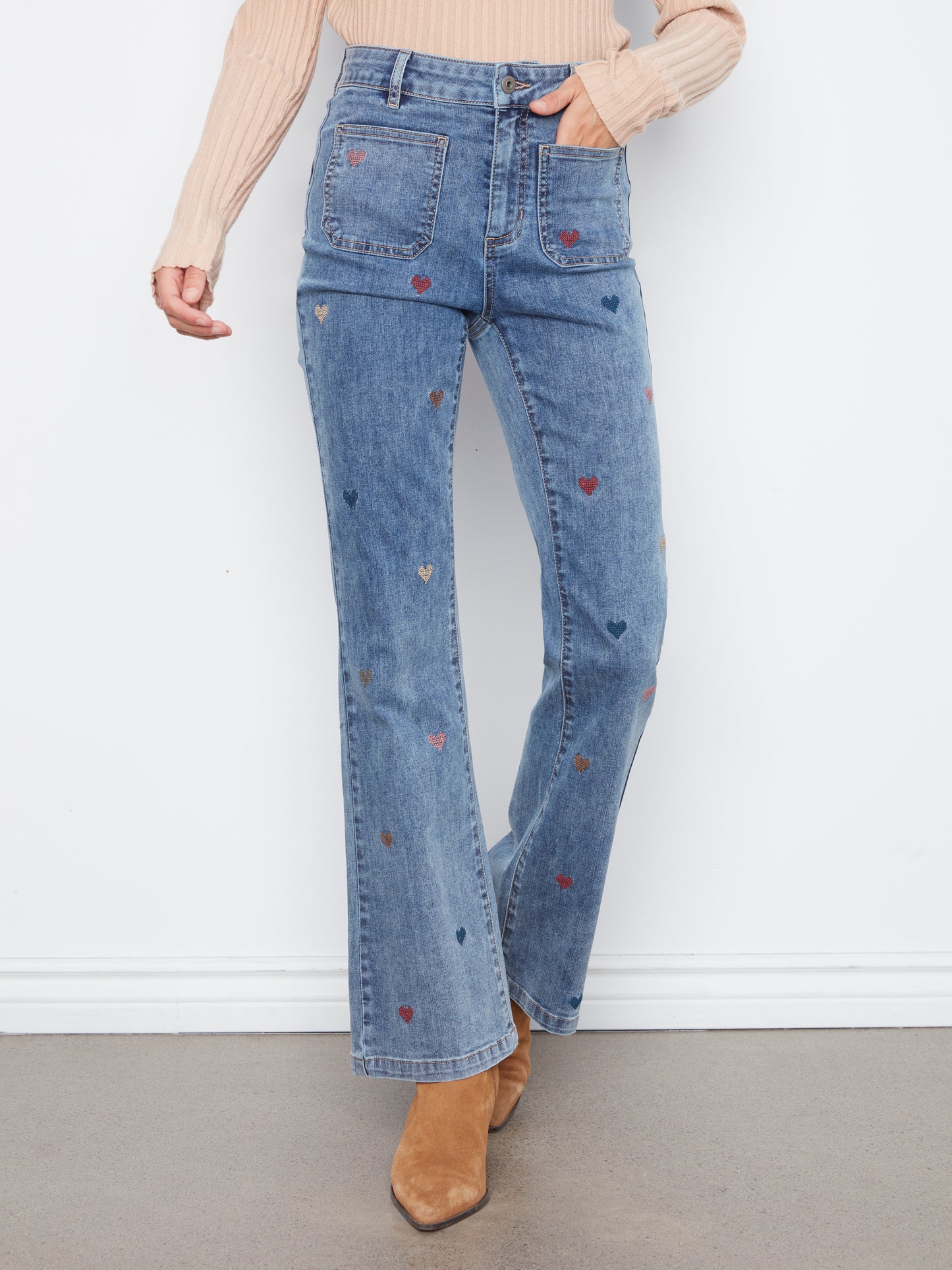 Charlie B Flare Leg Pants w/Patch Pockets and Embroidery Medium Blue C5845-431A-156