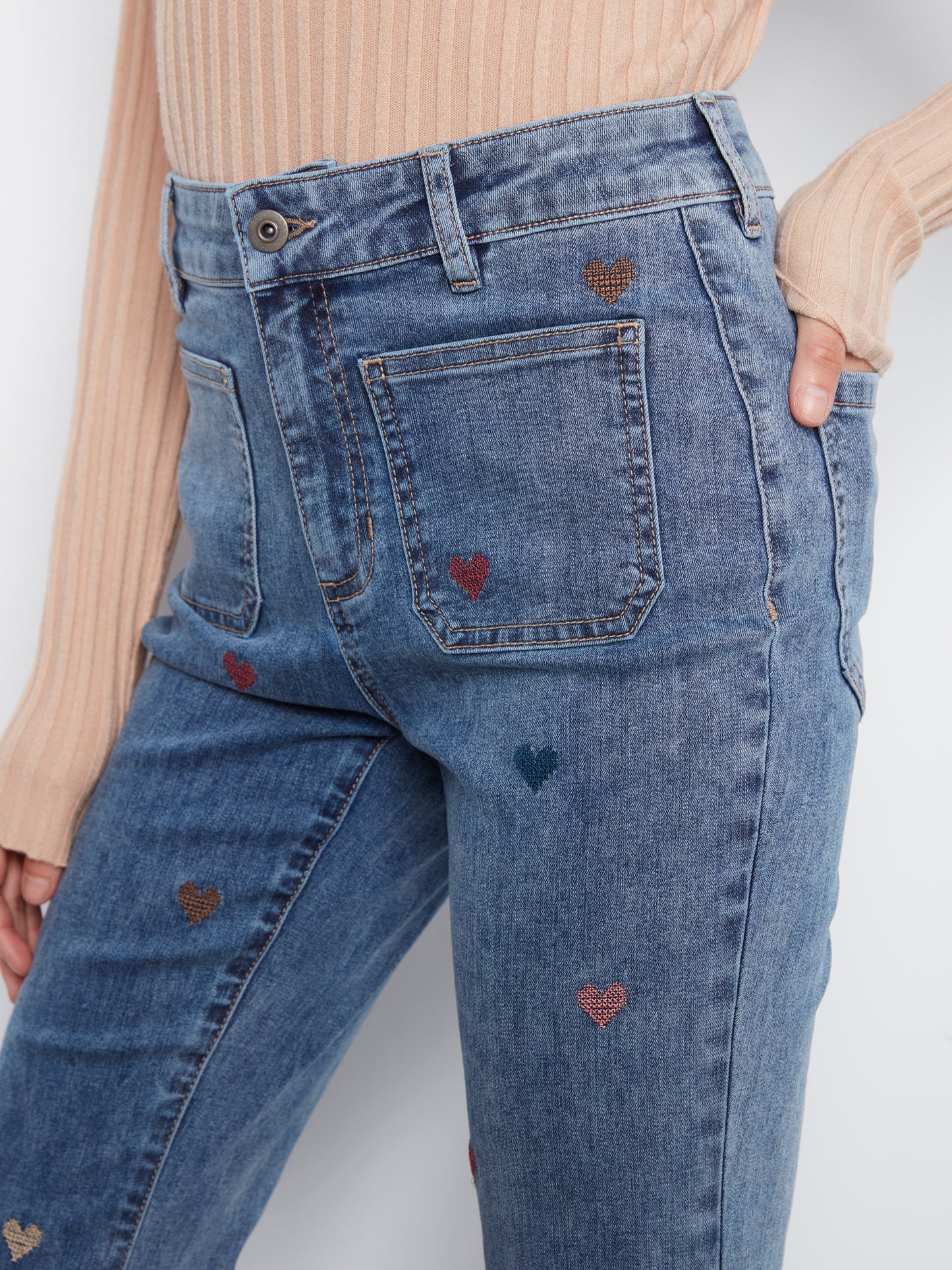 Charlie B Flare Leg Pants w/Patch Pockets and Embroidery Medium Blue C5845-431A-156