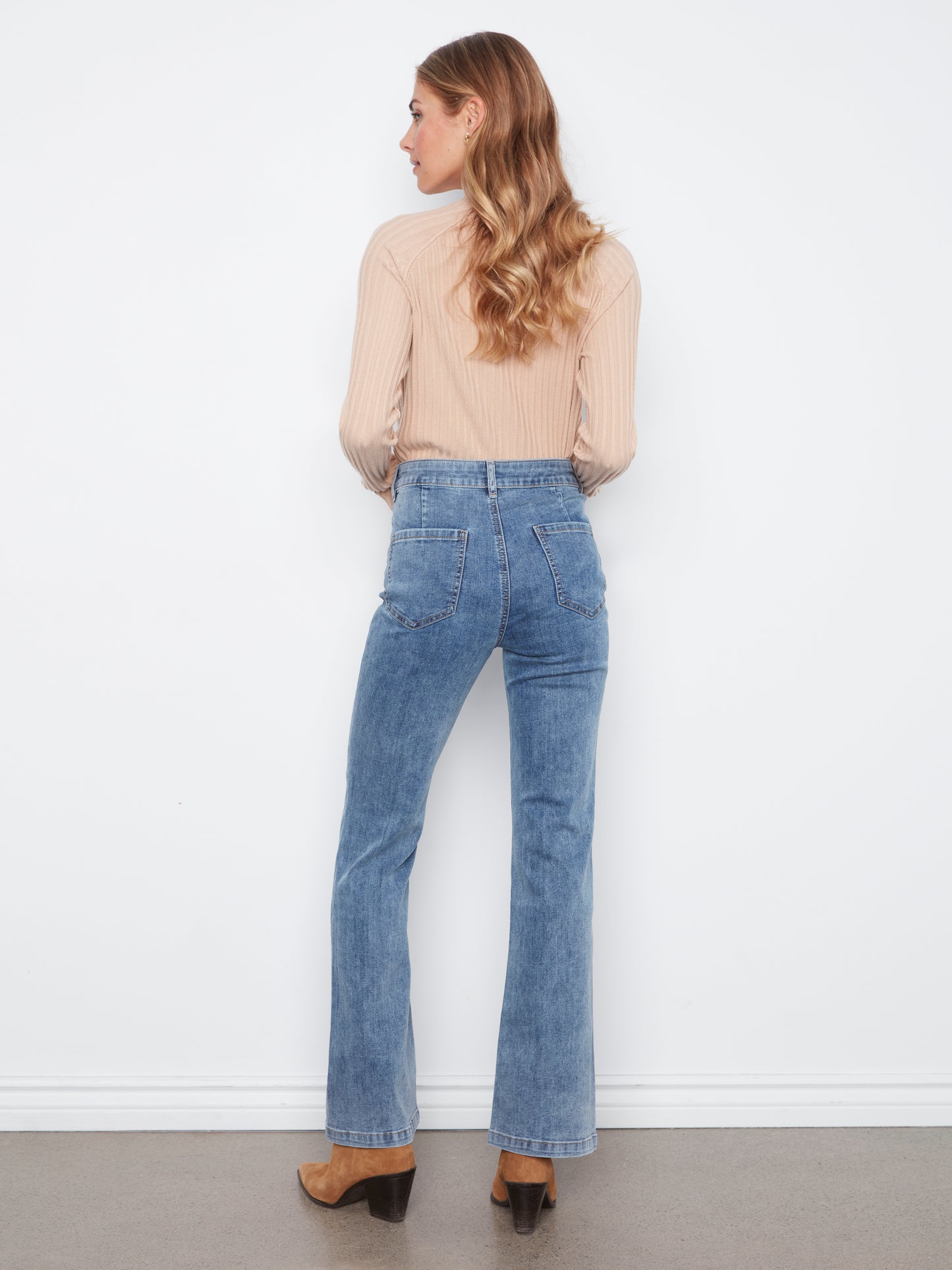 Charlie B Flare Leg Pants w/Patch Pockets and Embroidery Medium Blue C5845-431A-156