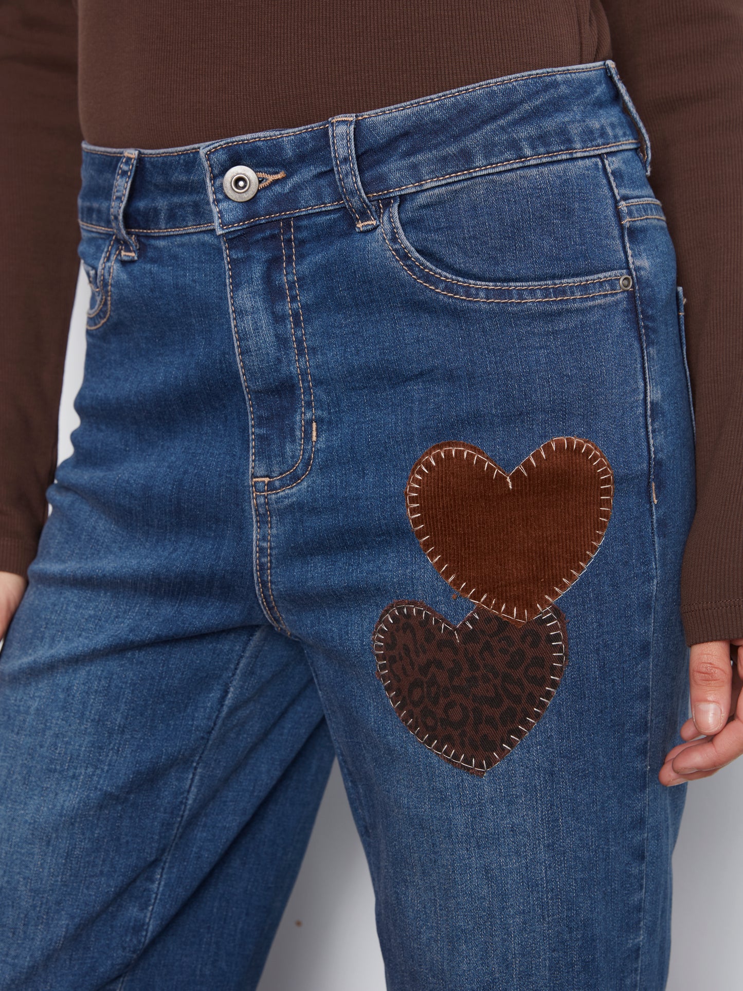 Charlie B Straight Leg Pants w/Corduroy and Leopard Heart Patches Washed Indigo C5846-431A-069