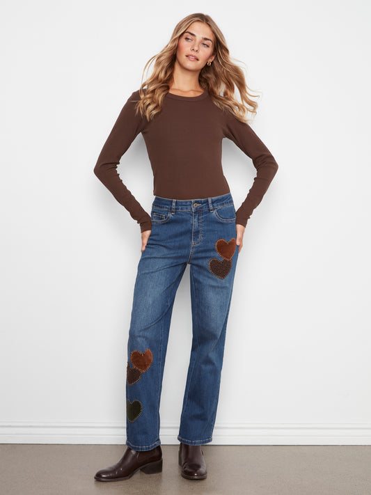 Charlie B Straight Leg Pants w/Corduroy and Leopard Heart Patches Washed Indigo C5846-431A-069