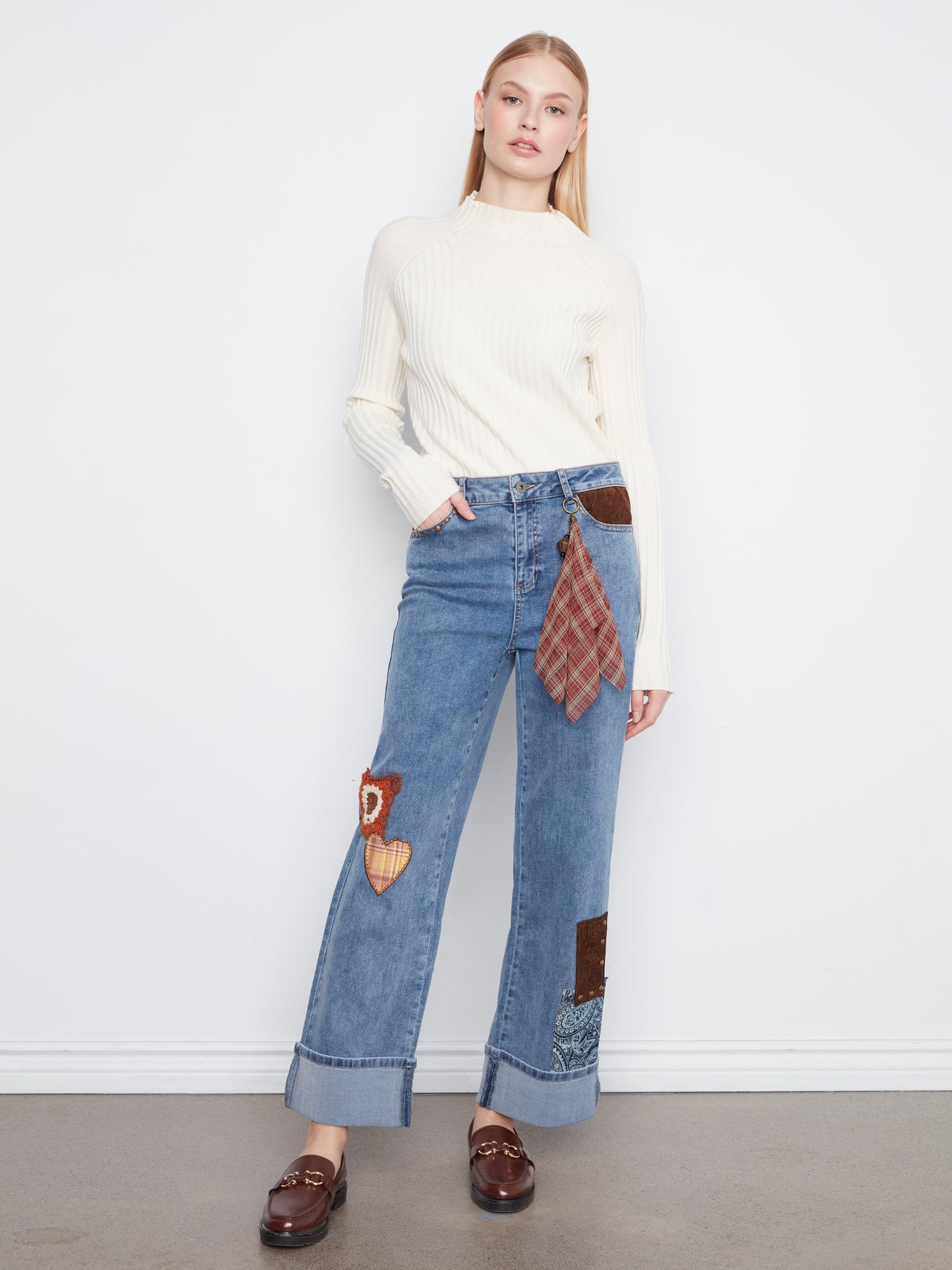 Charlie B Straight Leg Cuffed Pants w/Patches and Studs Medium Blue C5852-431A-156