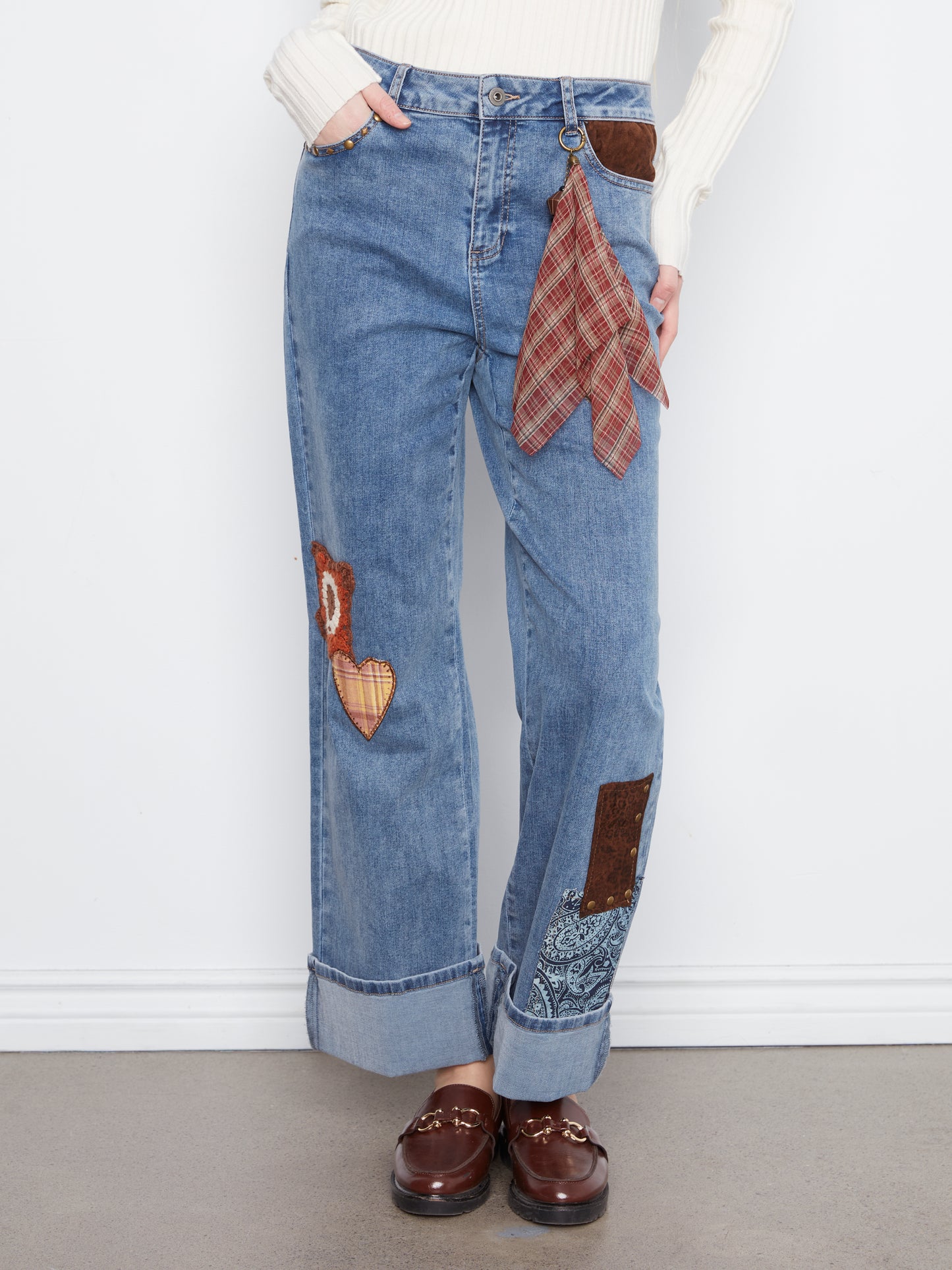 Charlie B Straight Leg Cuffed Pants w/Patches and Studs Medium Blue C5852-431A-156