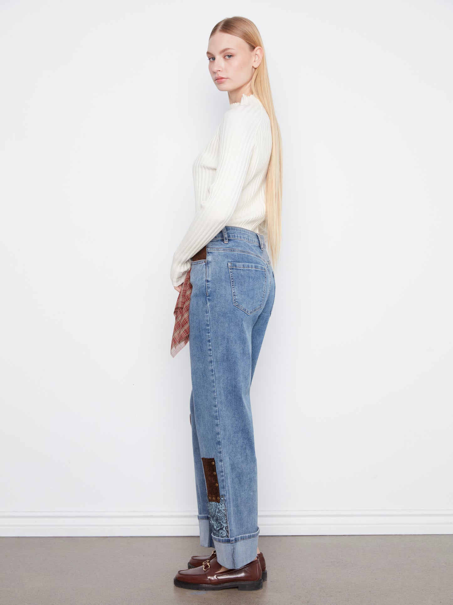 Charlie B Straight Leg Cuffed Pants w/Patches and Studs Medium Blue C5852-431A-156