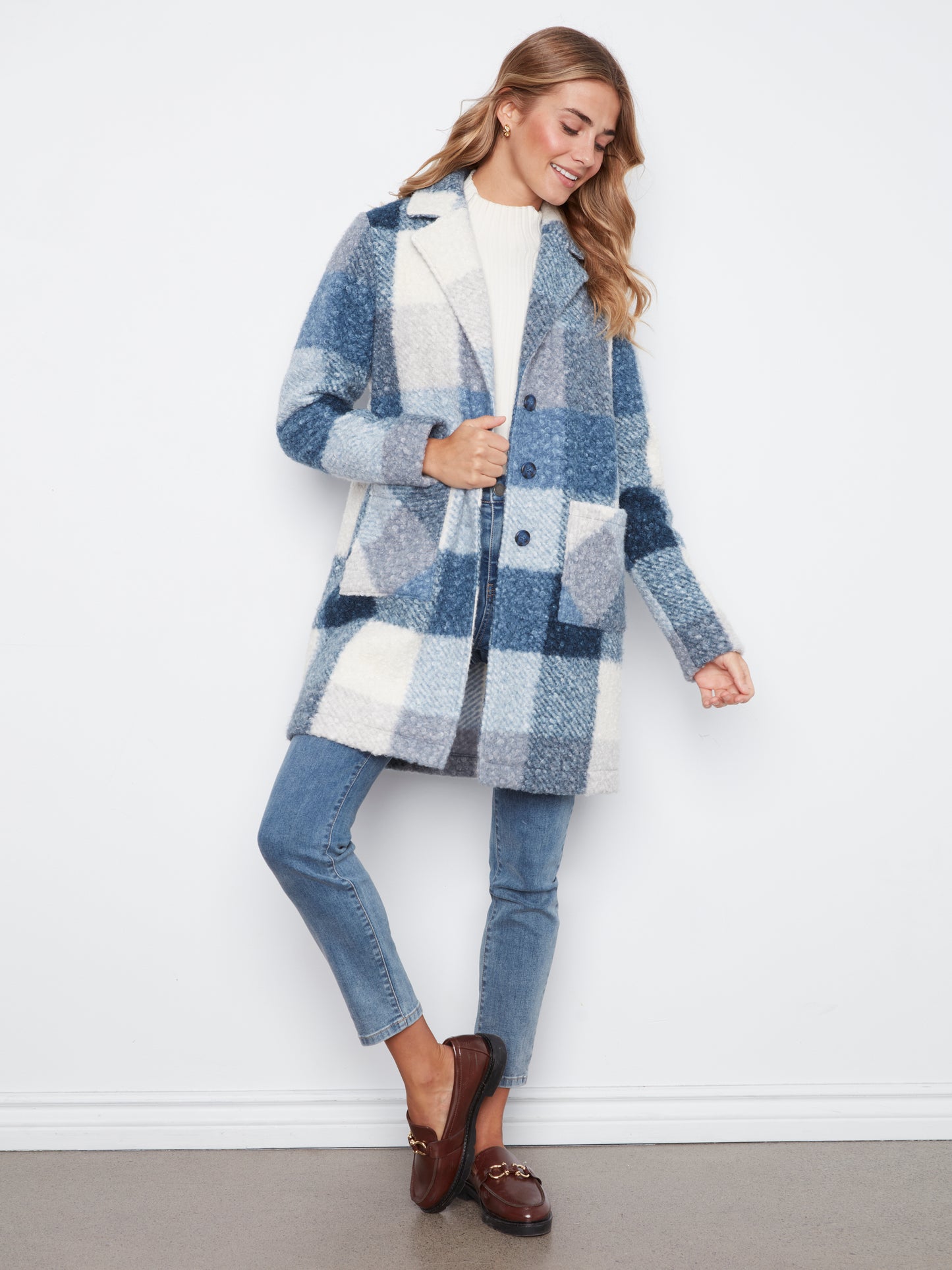 Charlie B Plaid Boucle Knit Tailored Collar Coat Storm C6141ZR-707B-P688