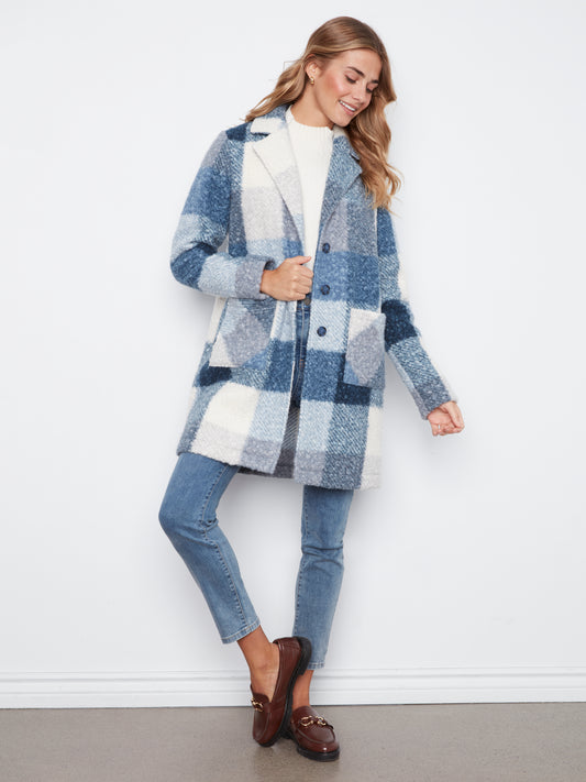 Charlie B Plaid Boucle Knit Tailored Collar Coat Storm C6141ZR-707B-P688