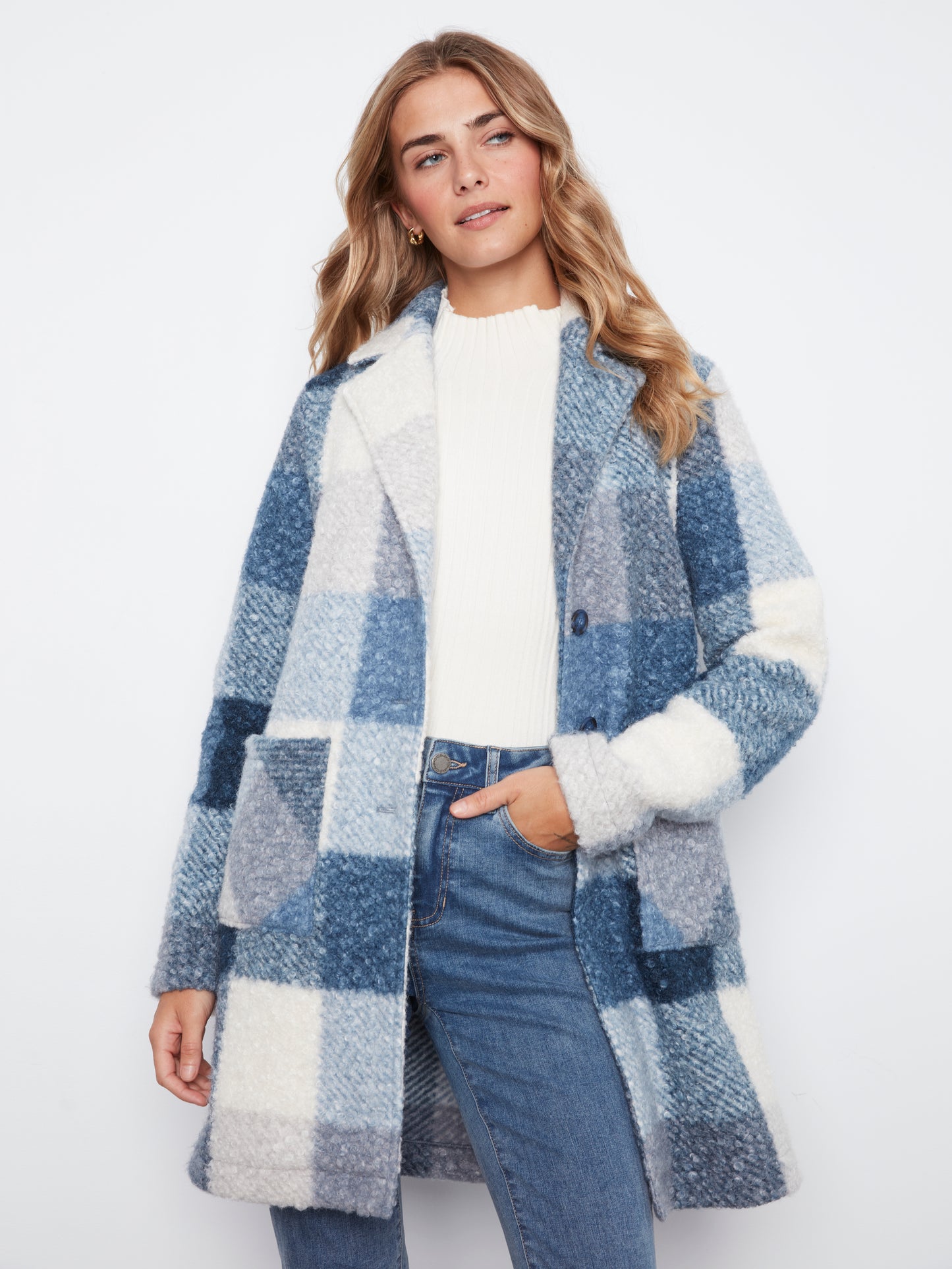 Charlie B Plaid Boucle Knit Tailored Collar Coat Storm C6141ZR-707B-P688