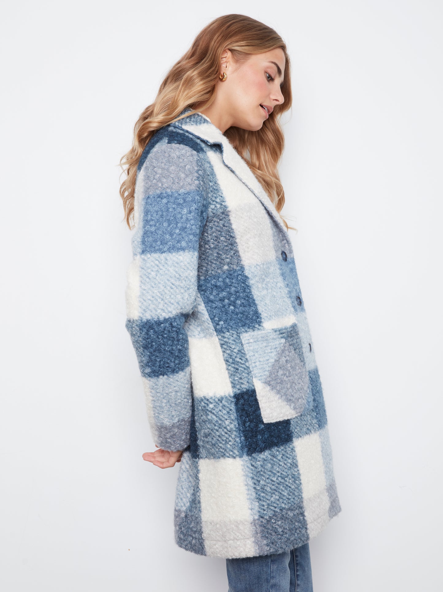 Charlie B Plaid Boucle Knit Tailored Collar Coat Storm C6141ZR-707B-P688