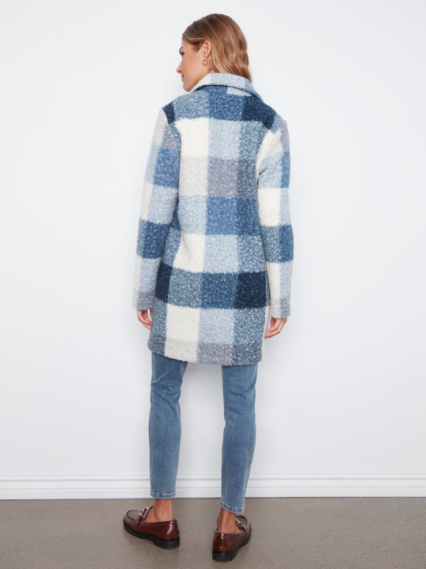 Charlie B Plaid Boucle Knit Tailored Collar Coat Storm C6141ZR-707B-P688