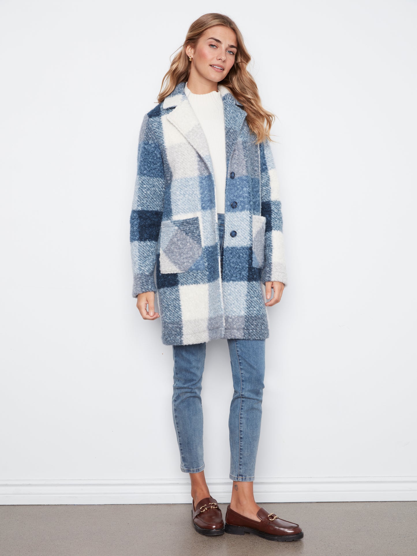 Charlie B Plaid Boucle Knit Tailored Collar Coat Storm C6141ZR-707B-P688